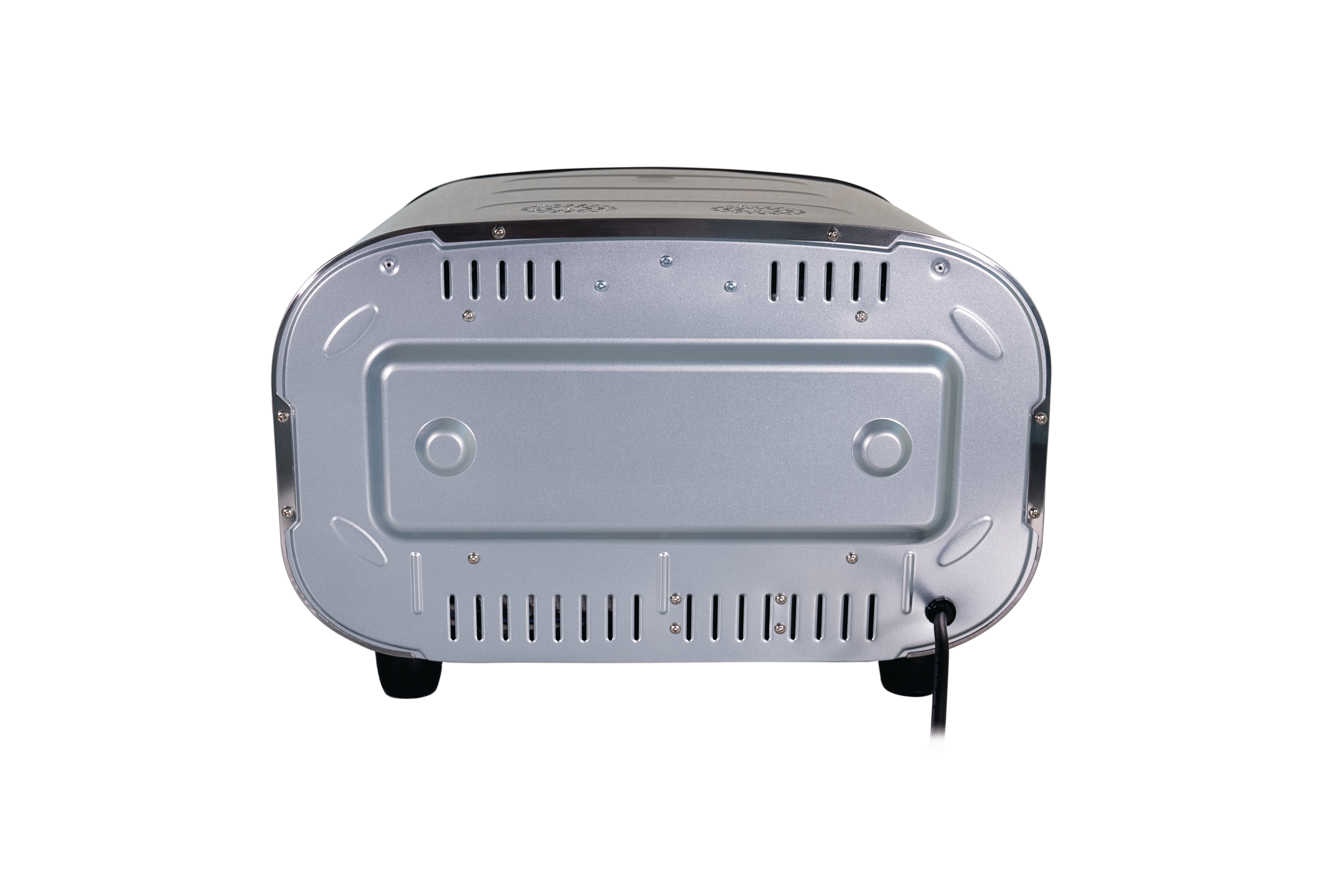 Unteransicht eines silbernen Toasters mit Belüftungslöchern und Netzkabel.