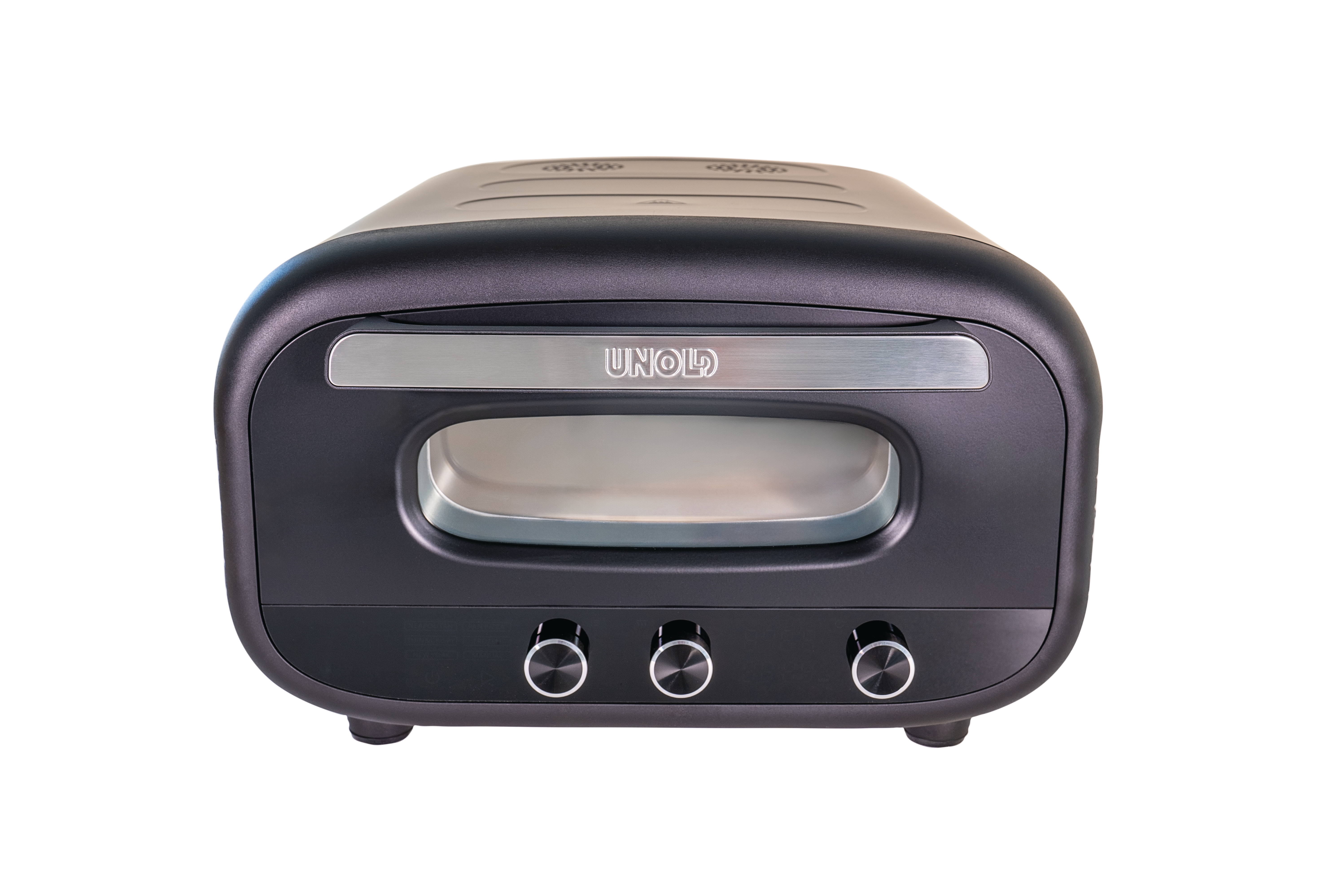 Schwarzer Unold Toaster mit drei Knöpfen und silbernem Griff auf weißem Hintergrund.
