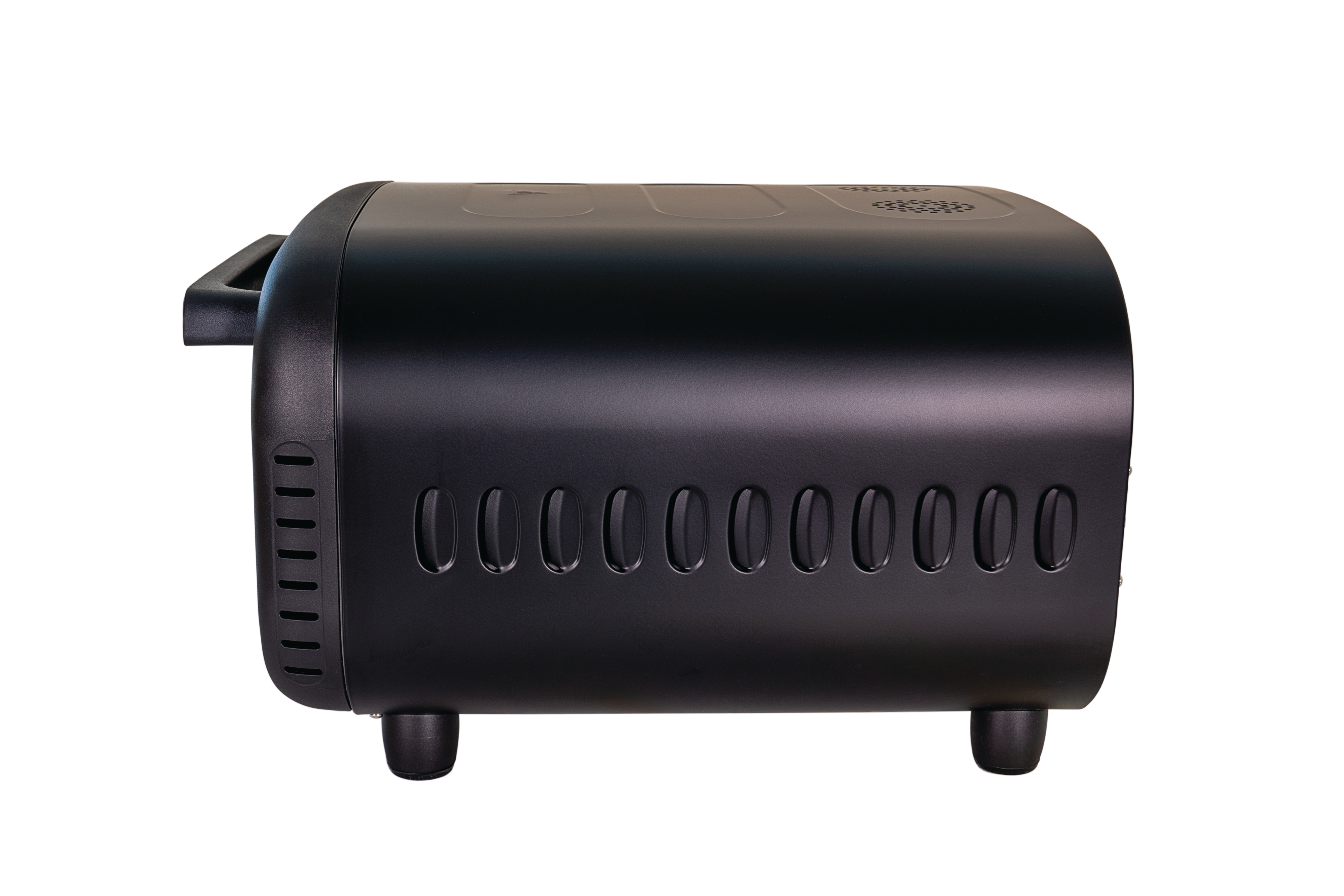 Schwarzer Toaster-Ofen mit Griff und Lüftungslöchern, auf weißem Hintergrund.