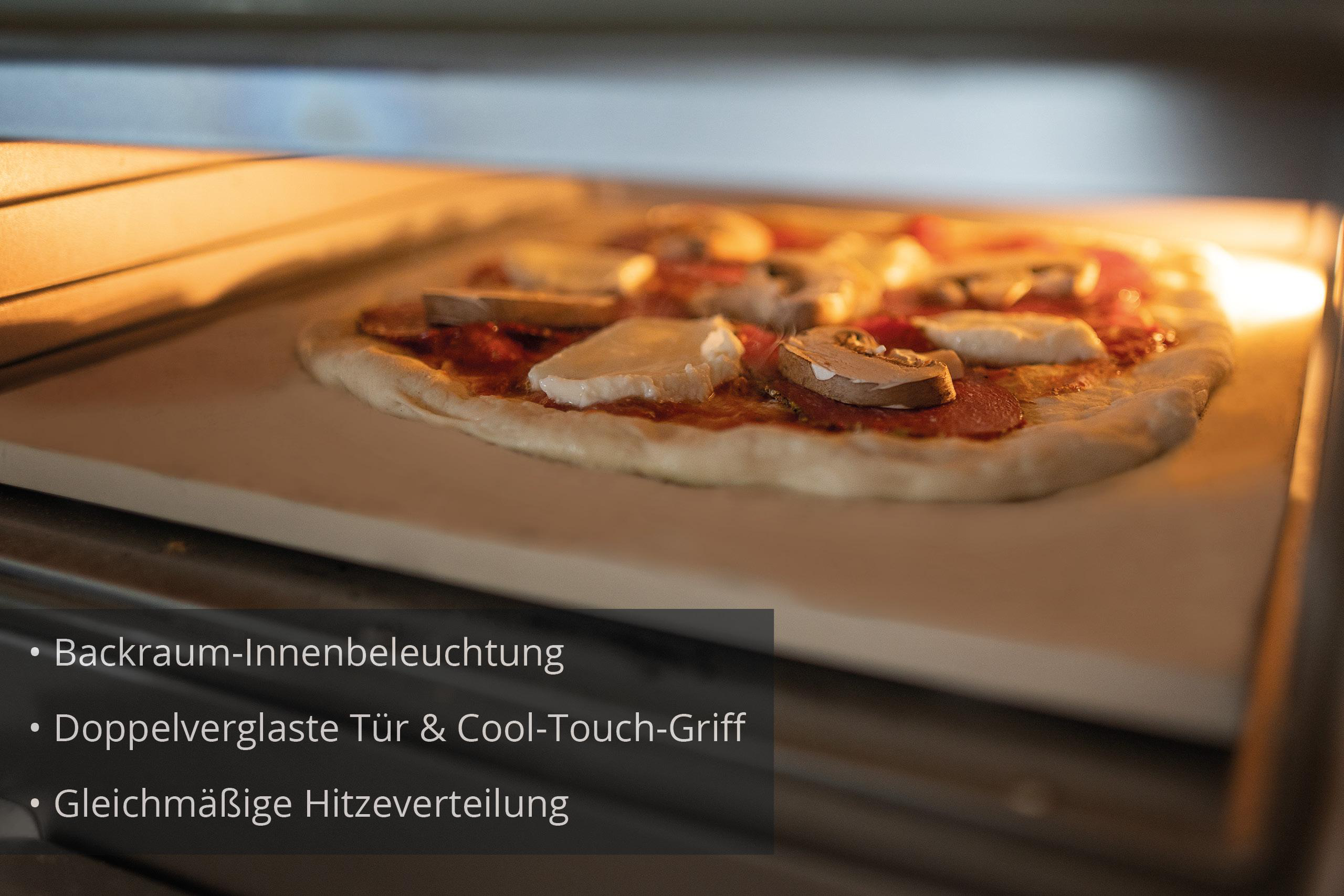 Pizza in einem Ofen. Zeigt eine gekochte Pizza. Text auf Deutsch über die Ofenmerkmale.