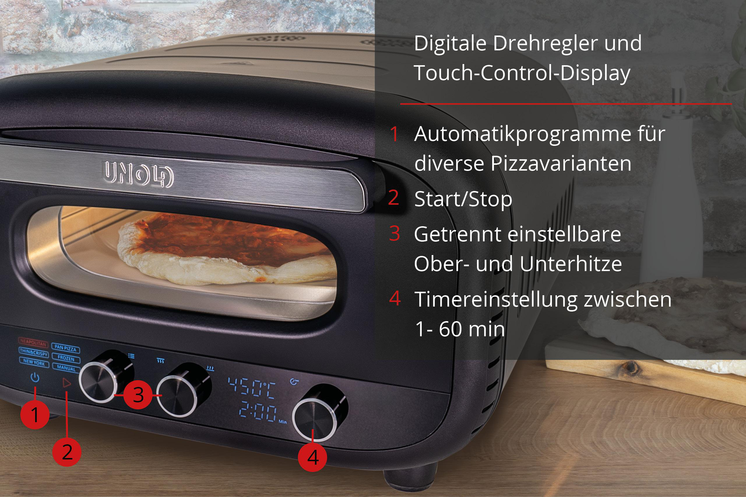 Pizzaofen mit Bedienelementen und Pizza innen.