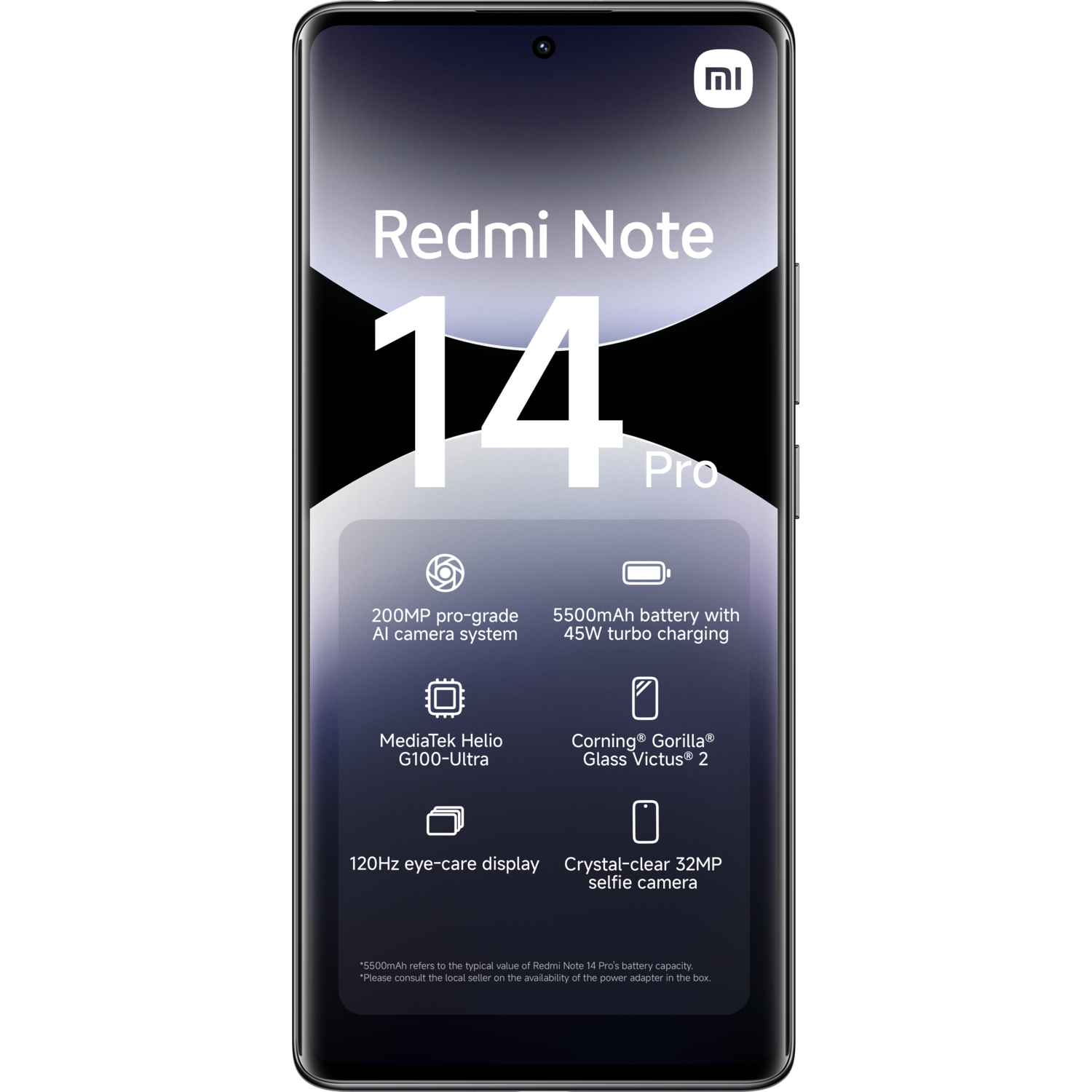 Redmi Note 14 Pro smartphone op zwarte achtergrond. Kenmerken: 200MP camera, 5500mAh batterij, etc.
