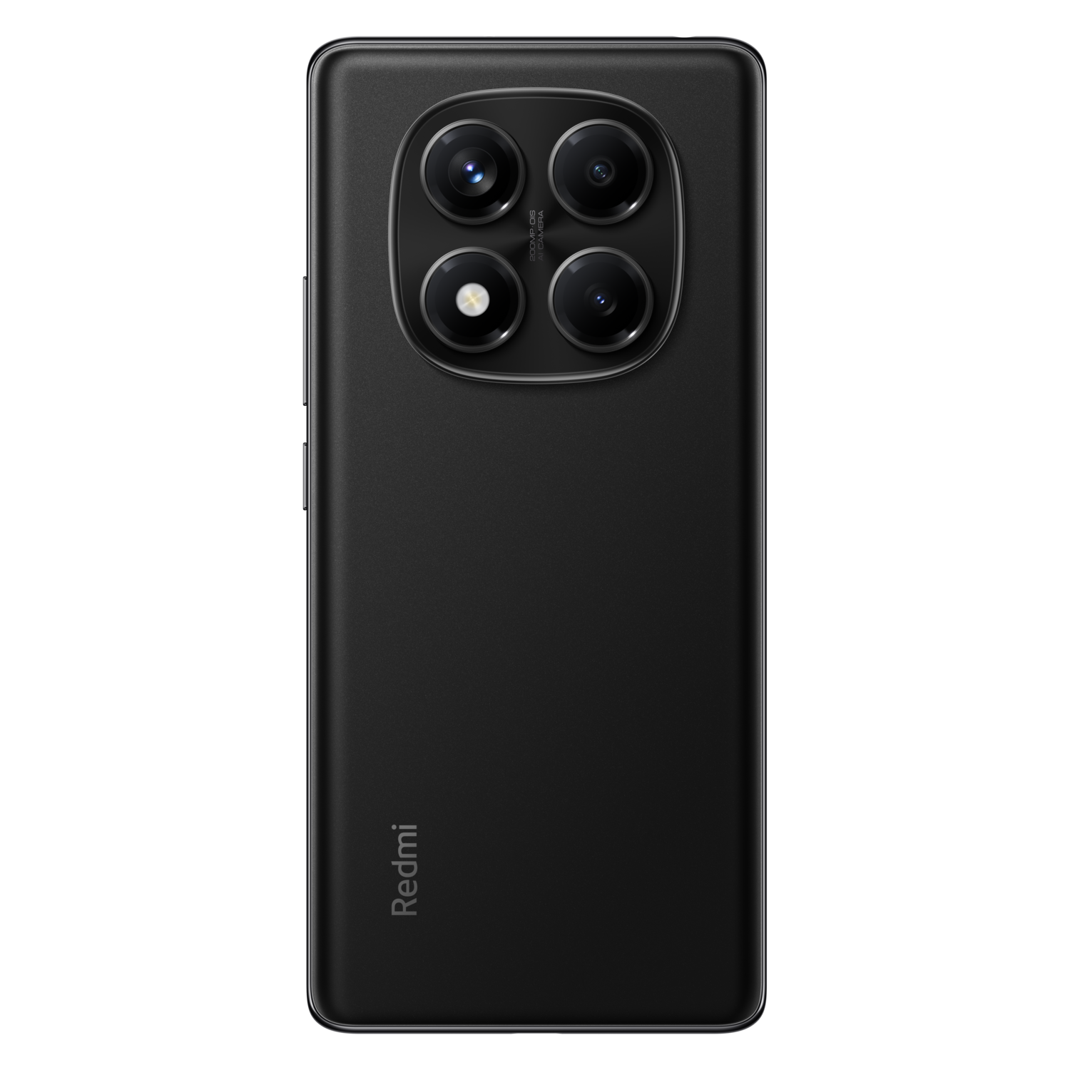 Een zwarte smartphone met een unieke camera-opstelling, vier lenzen en het Redmi-logo.