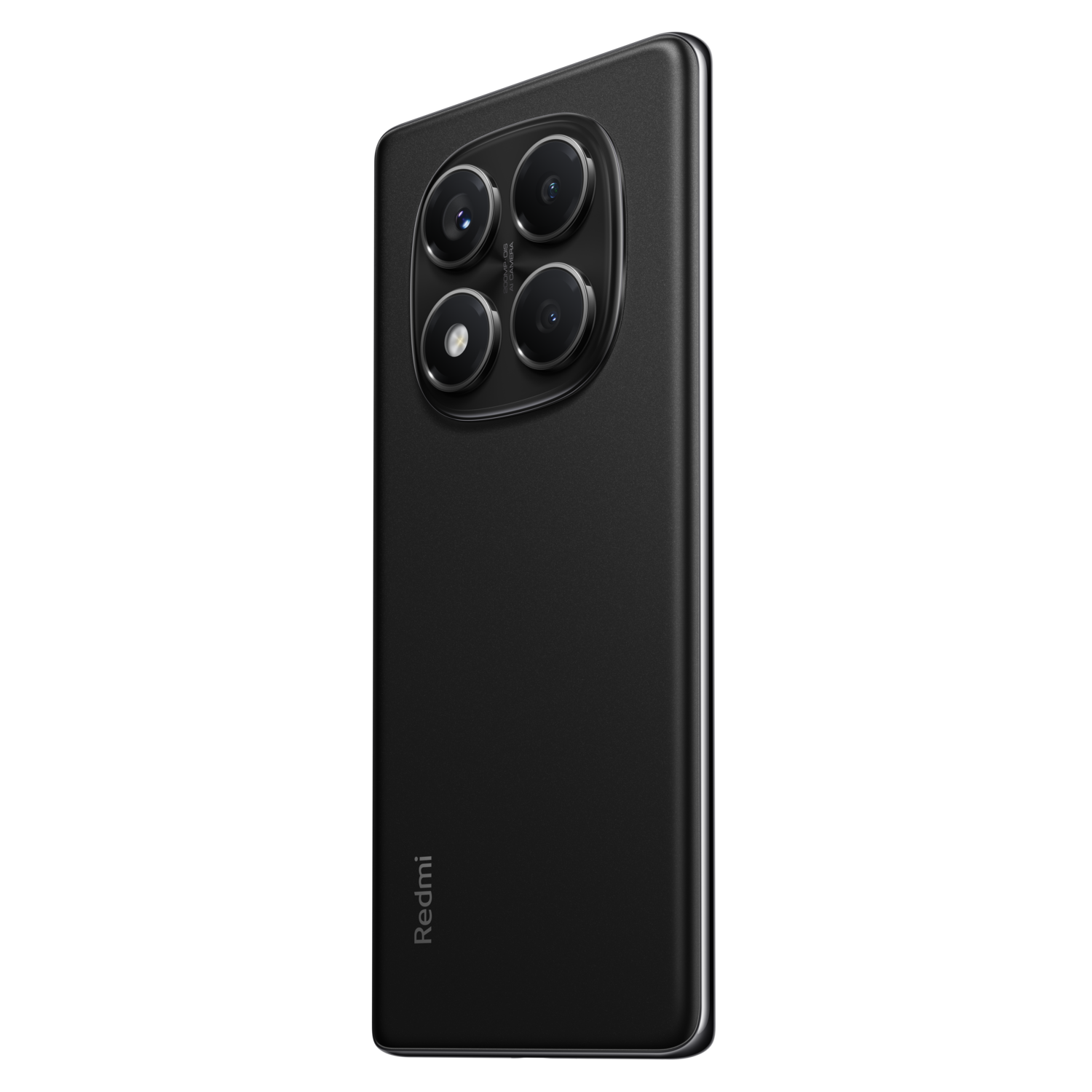 Zwarte smartphone met multi-lens camera-opstelling, zijaanzicht.