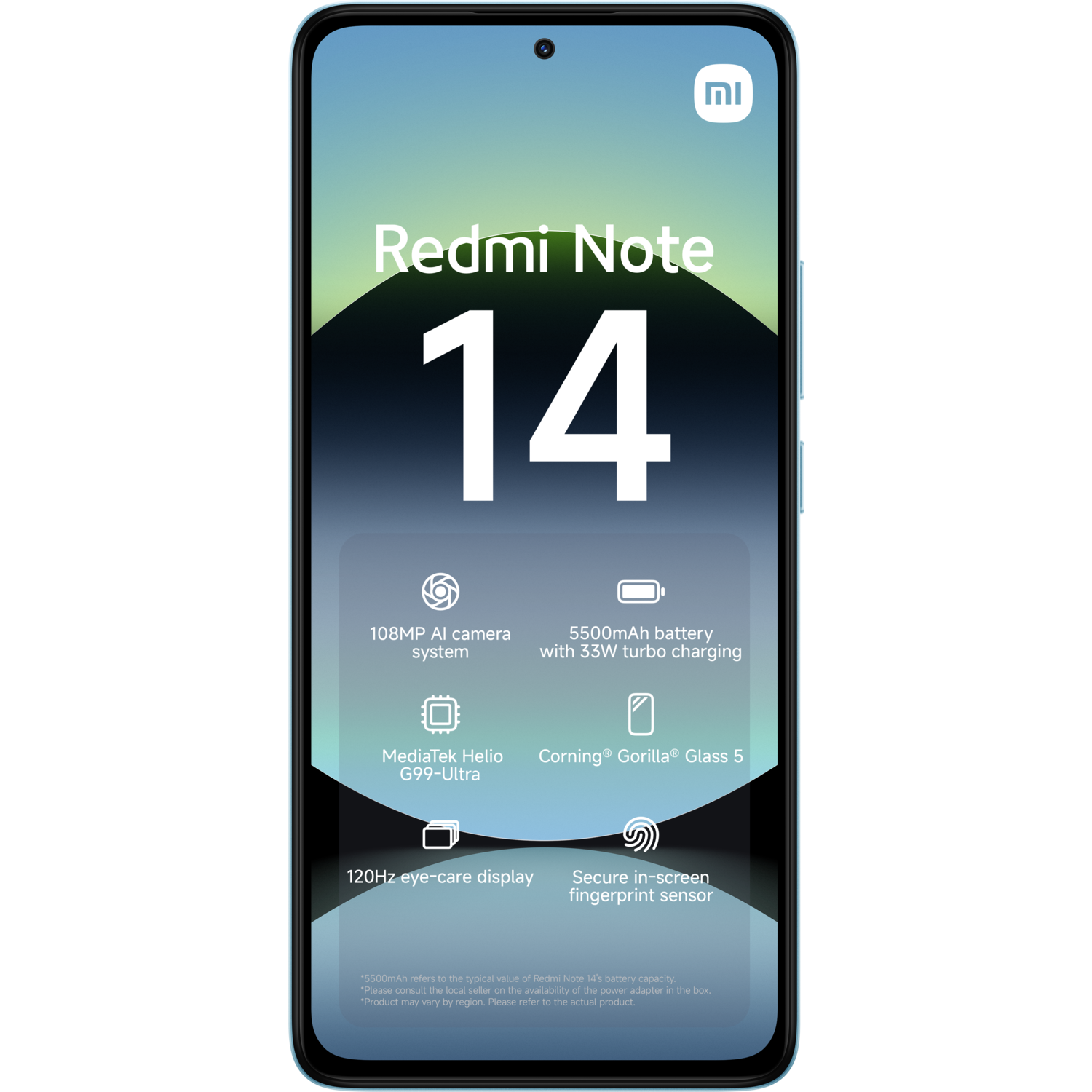 Redmi Note 14 phone with display showing features and icons.