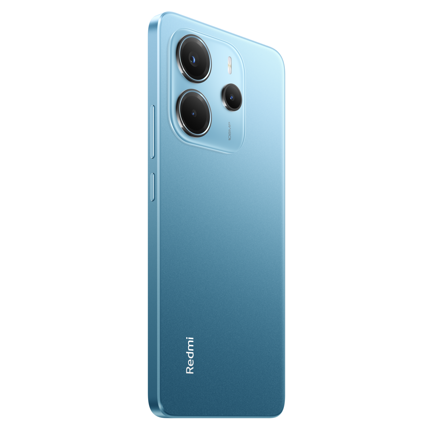 Blue smartphone back view with three cameras. 'Redmi' logo at the bottom.