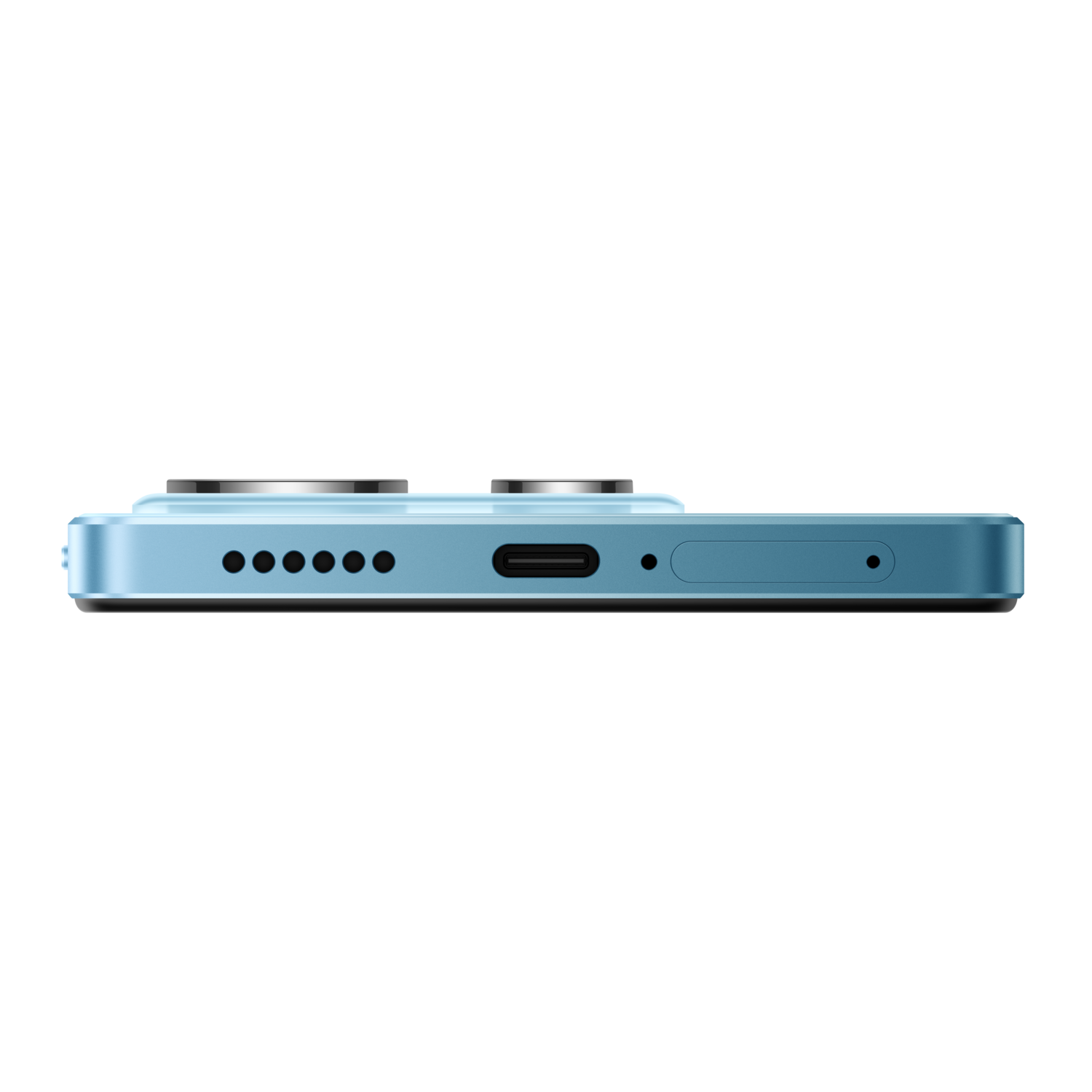Blue phone side profile. It has a camera bump and a charging port.