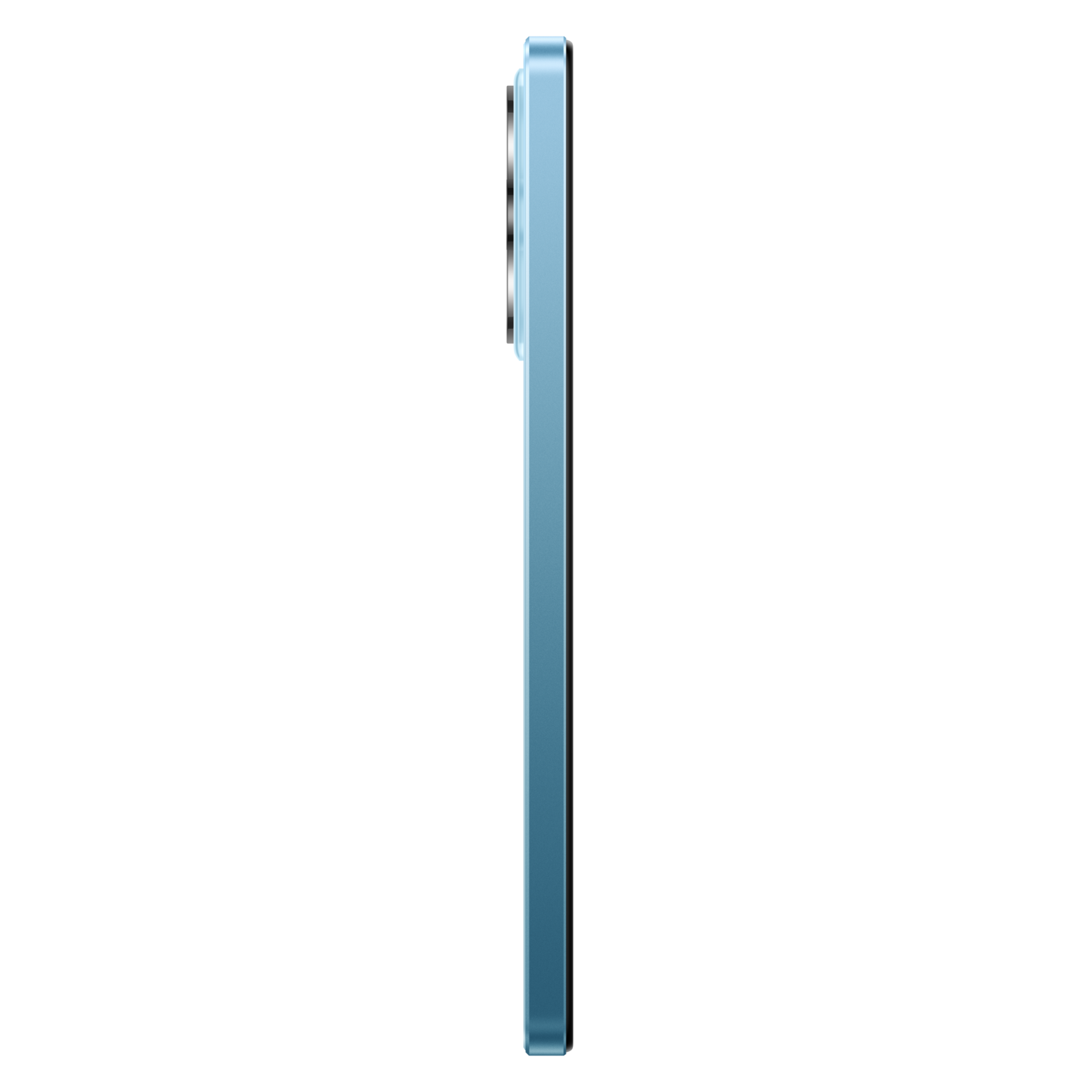 A light blue smartphone on a black background, side view.