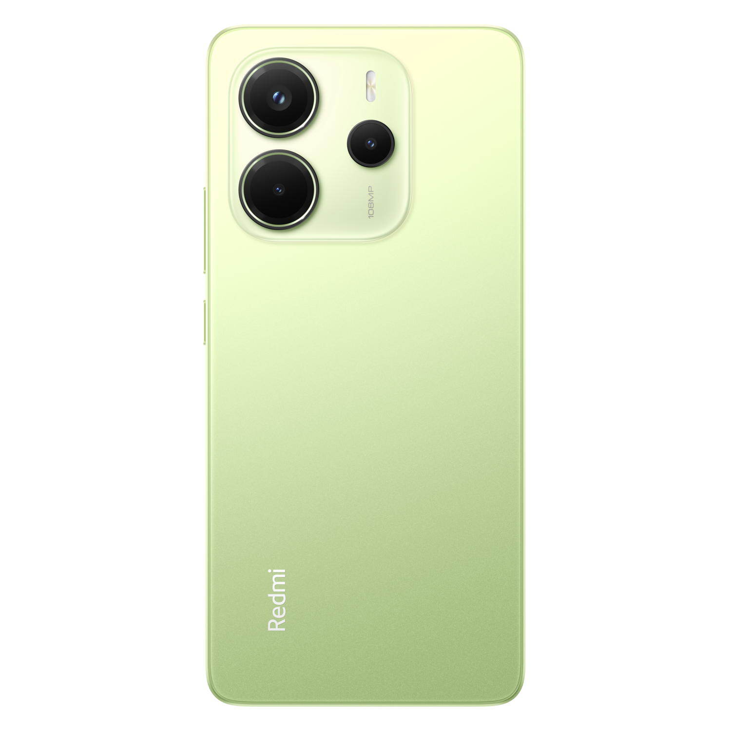 Groene telefoon met camera en logo, bovenaanzicht.