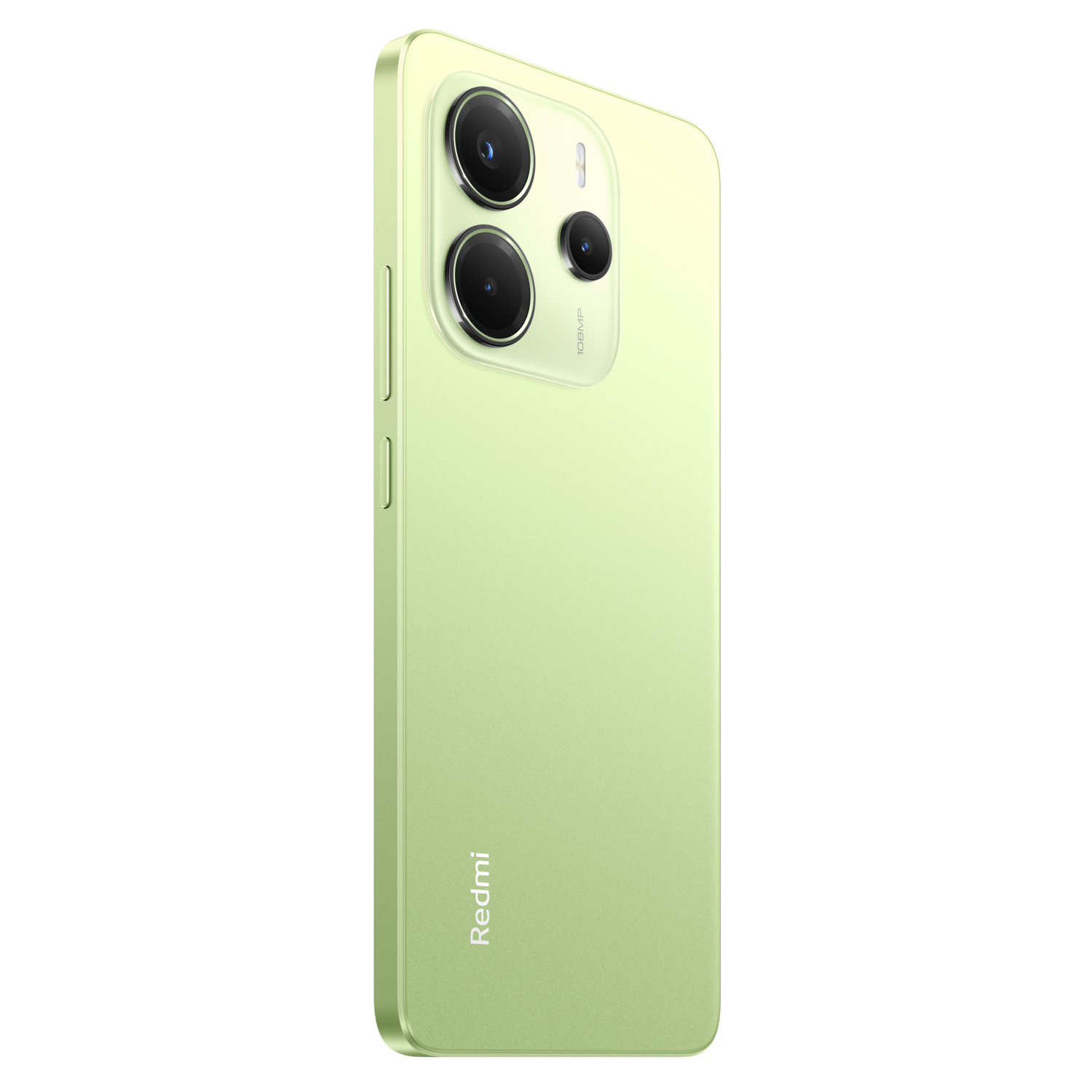 Groene telefoon met drie camera's. Redmi-logo zichtbaar.