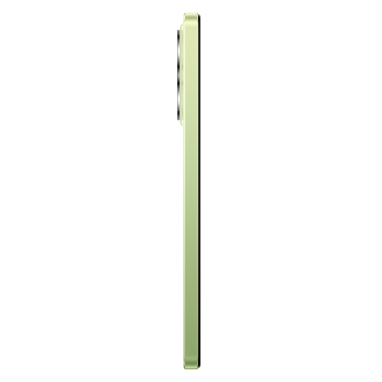 Een zijaanzicht van een lichtgroene telefoon op een zwarte achtergrond.