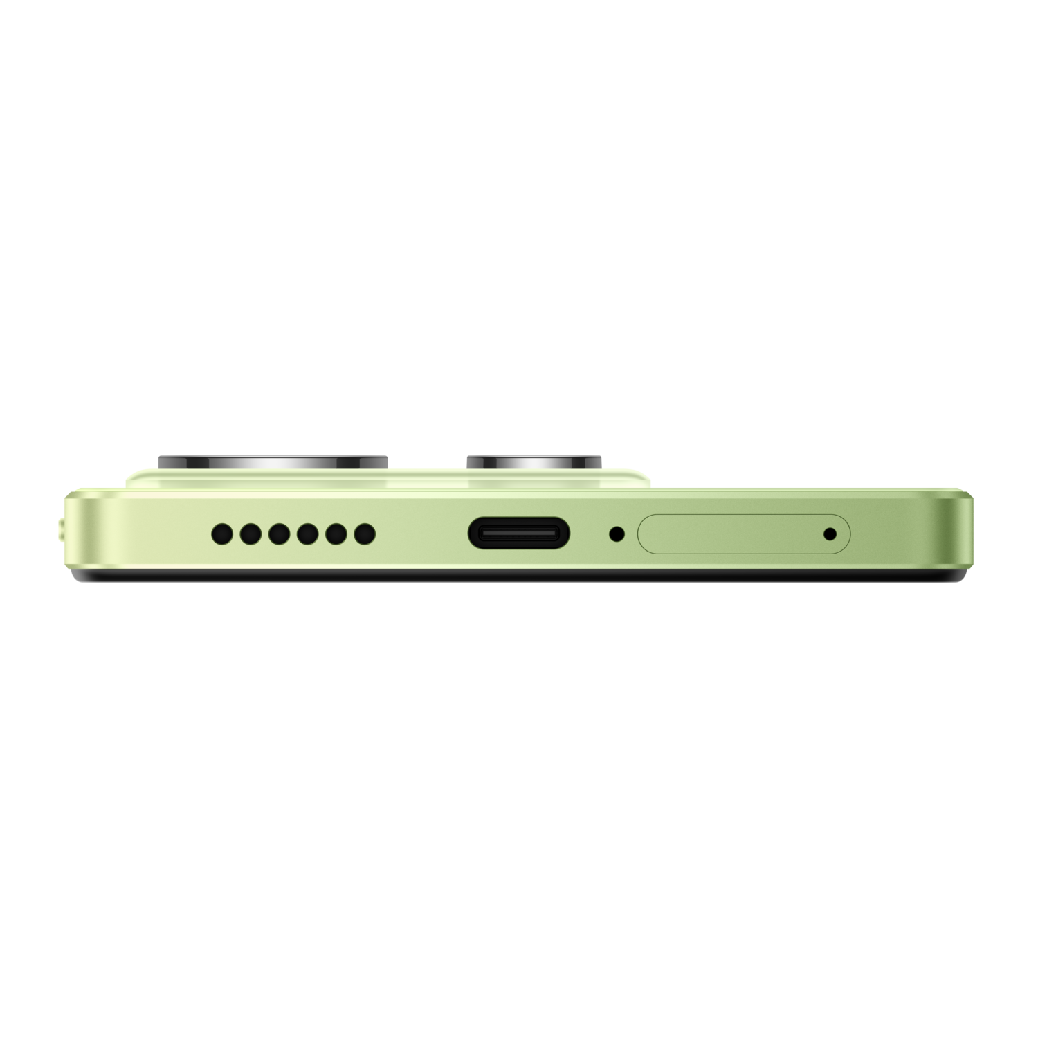 Groene telefoon, zijaanzicht, met poorten en knoppen.