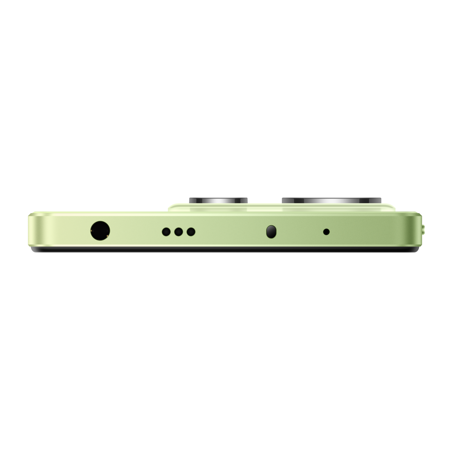 Zijkant van lichtgroene telefoon met poorten en knoppen, zwarte achtergrond.