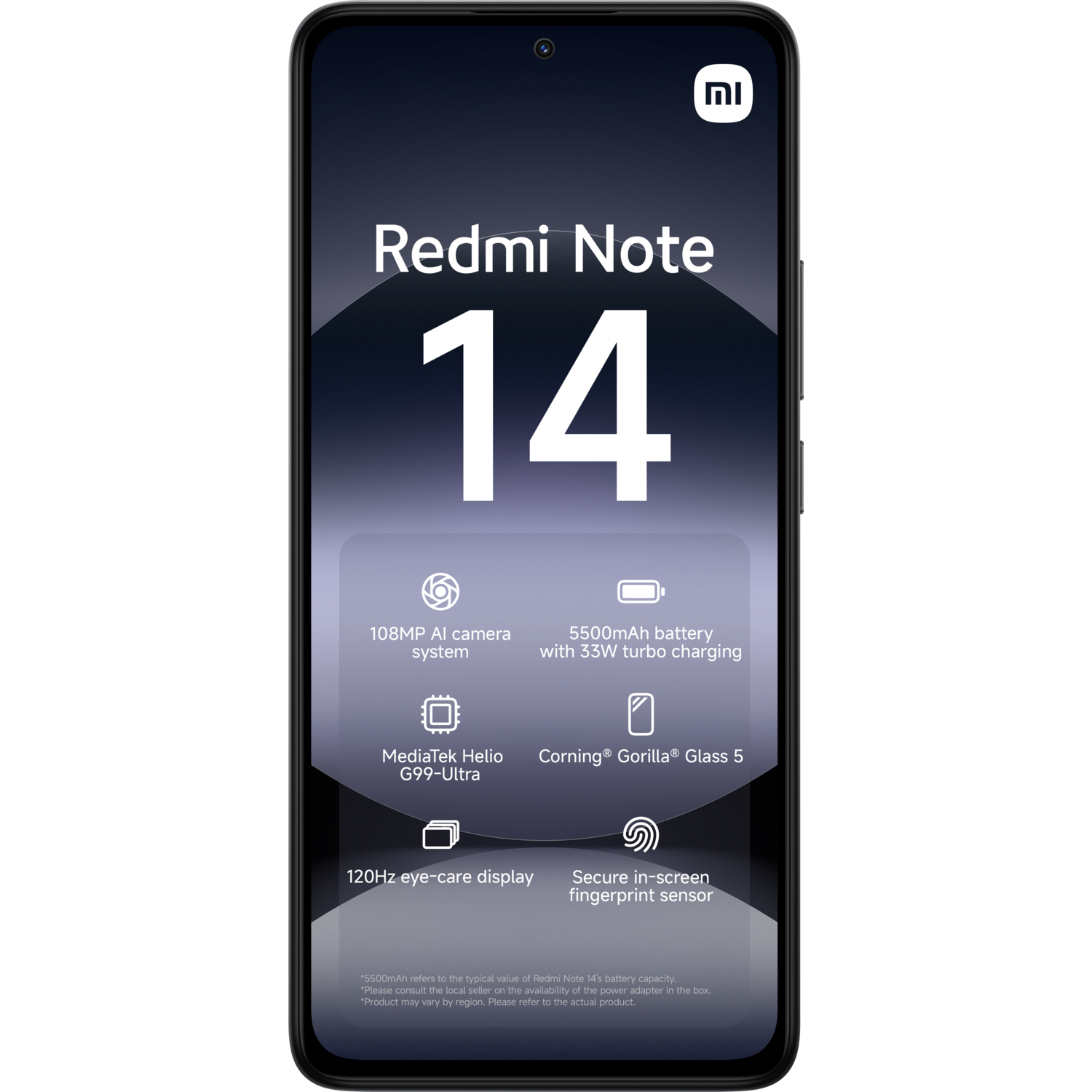 Black smartphone with a display showing Redmi Note 14, features, and specifications.