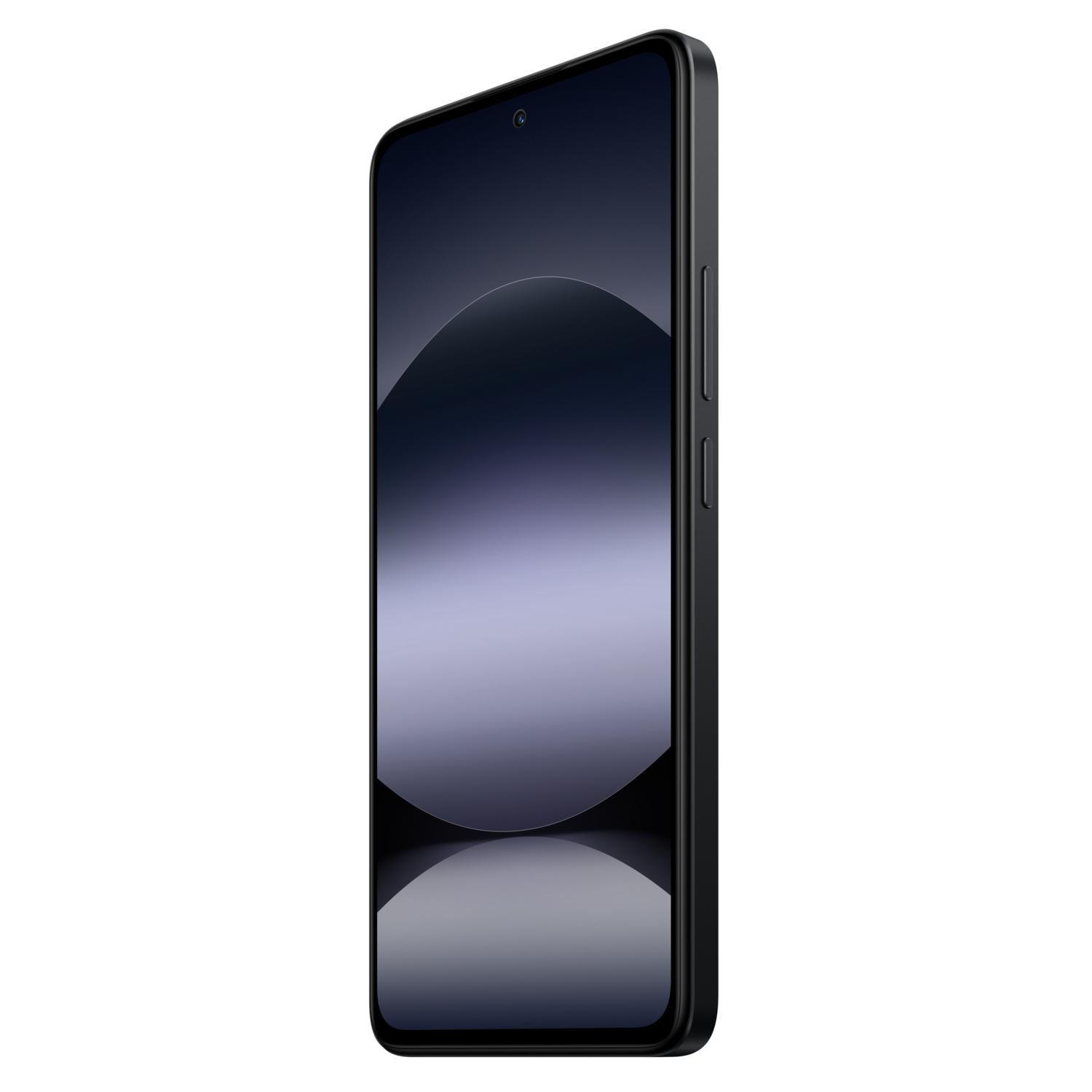 Black smartphone. Screen displays a dark, abstract image. Black frame. Black background.