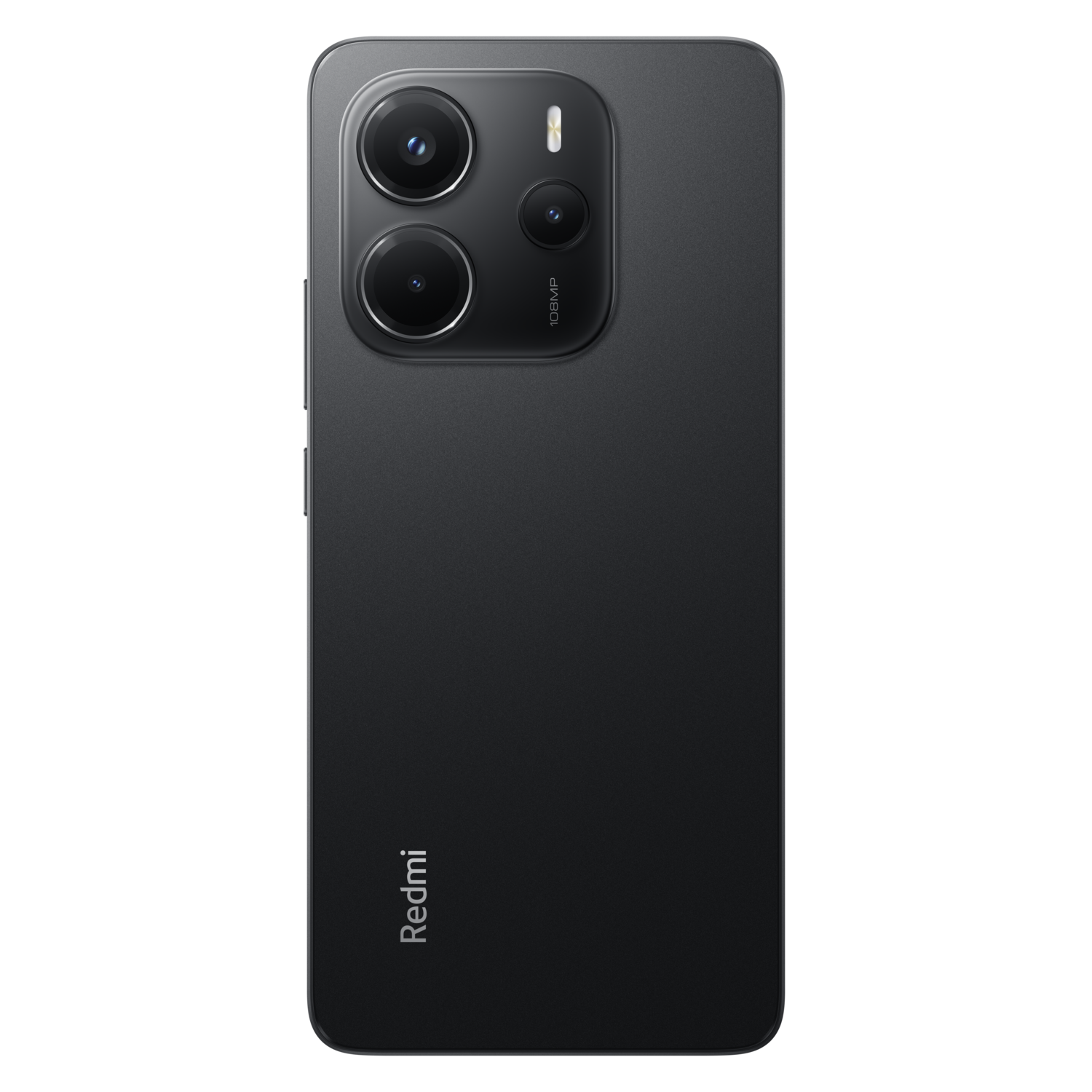 Black smartphone back with three cameras and Redmi logo.