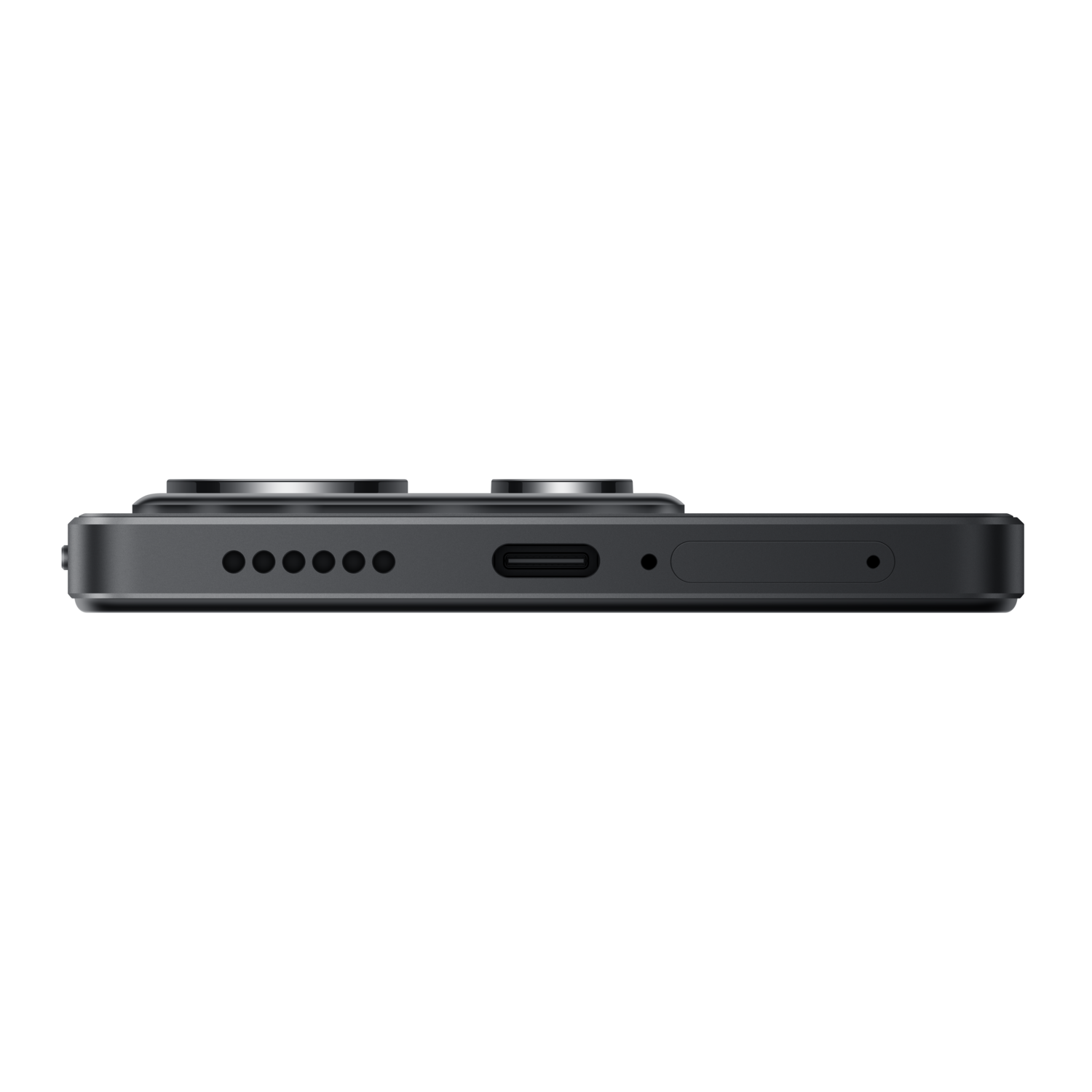 Smartphone, side view. Black phone with camera lenses and ports. Dark background. Sleek, modern design.