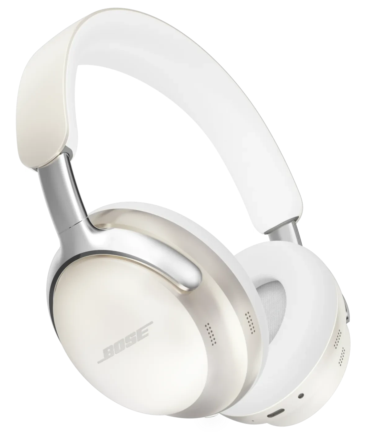 Białe słuchawki Bose. Srebrne akcenty. Widoczne logo Bose. Białe nauszniki i pałąk.