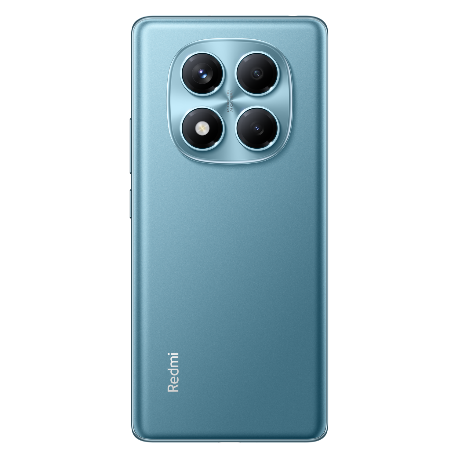 A teal Redmi phone back with four cameras. The Redmi logo is on the bottom.