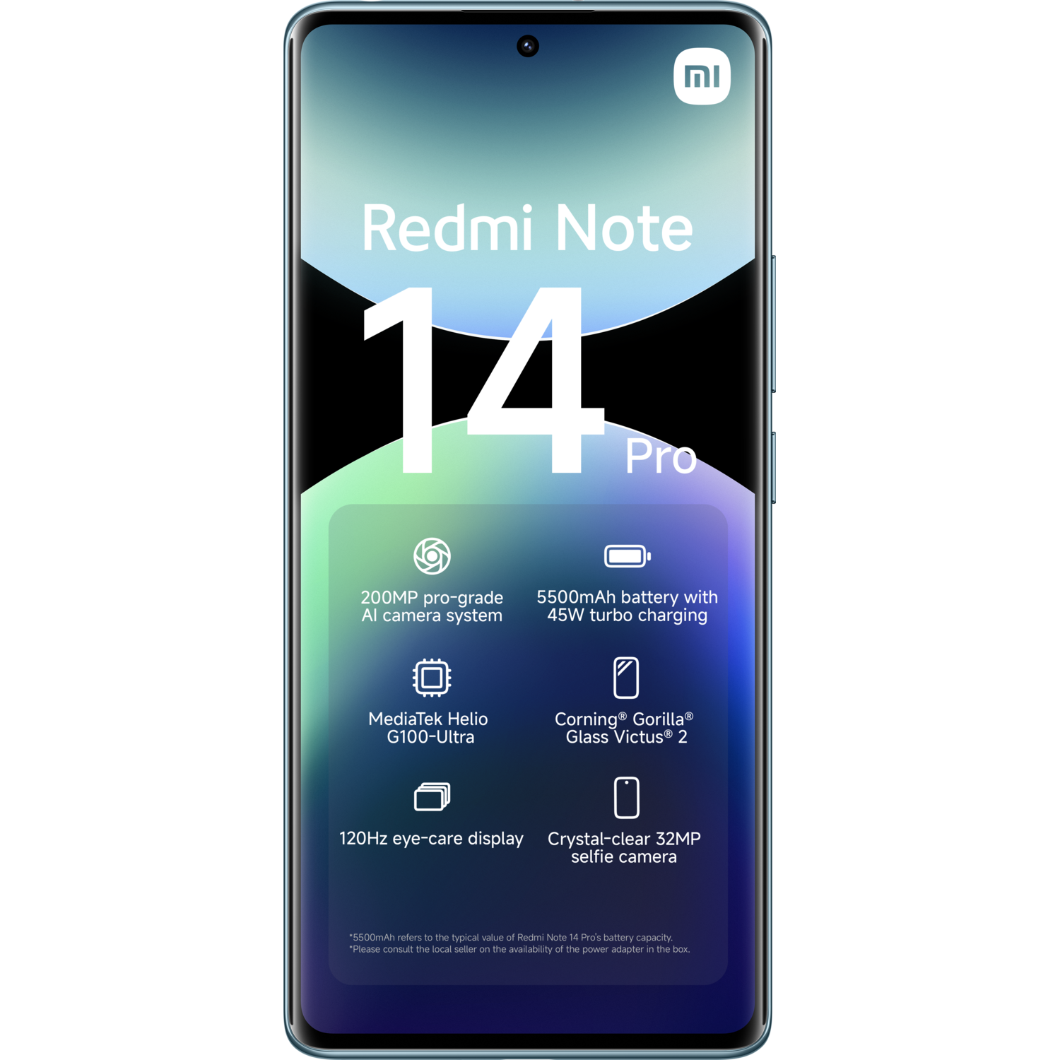 Redmi Note 14 Pro smartphone displaying specs, with a light blue gradient background.