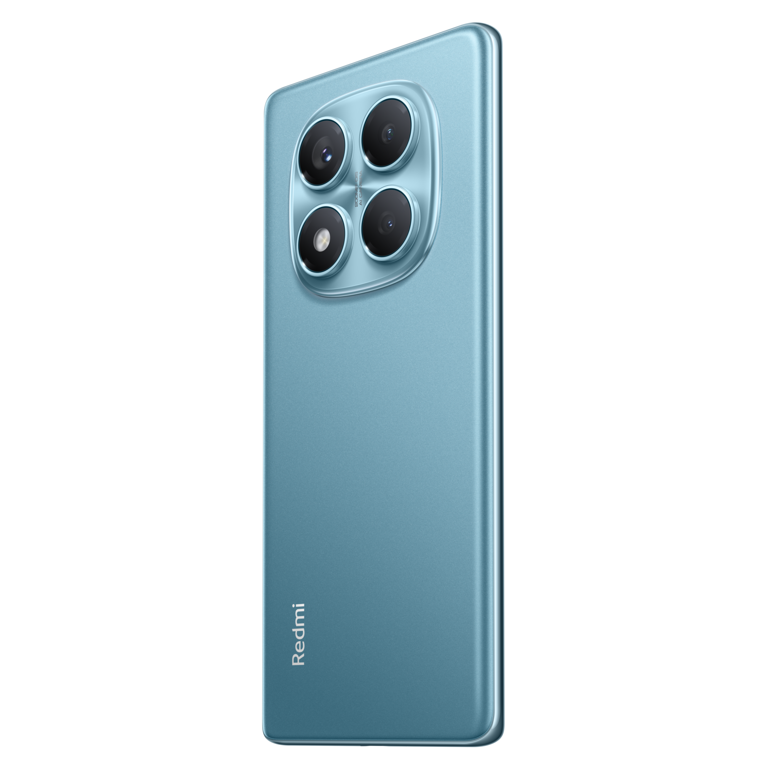 Blue phone with multiple camera lenses, a black background, and the brand name Redmi.