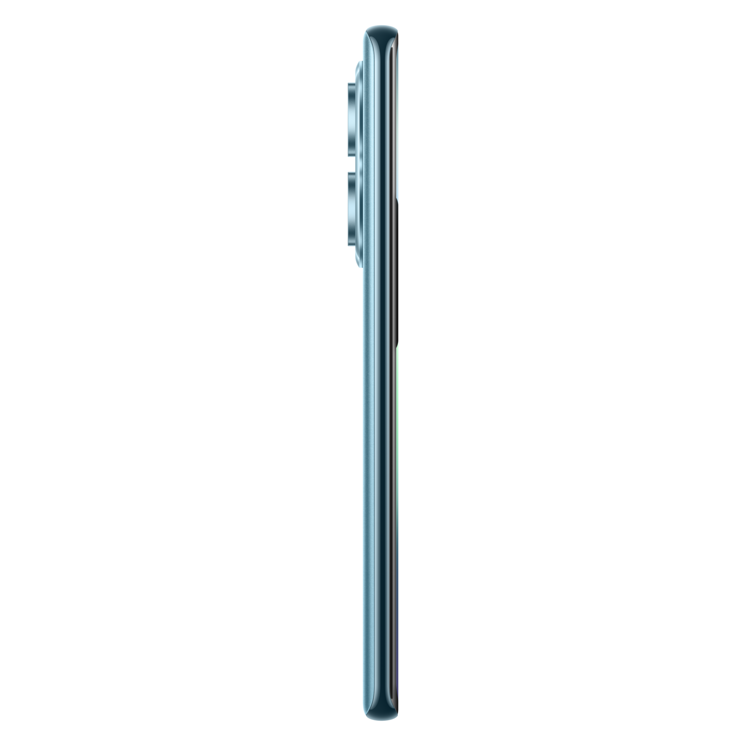 A side view of a dark blue smartphone with camera lenses and a glossy finish against a black background.