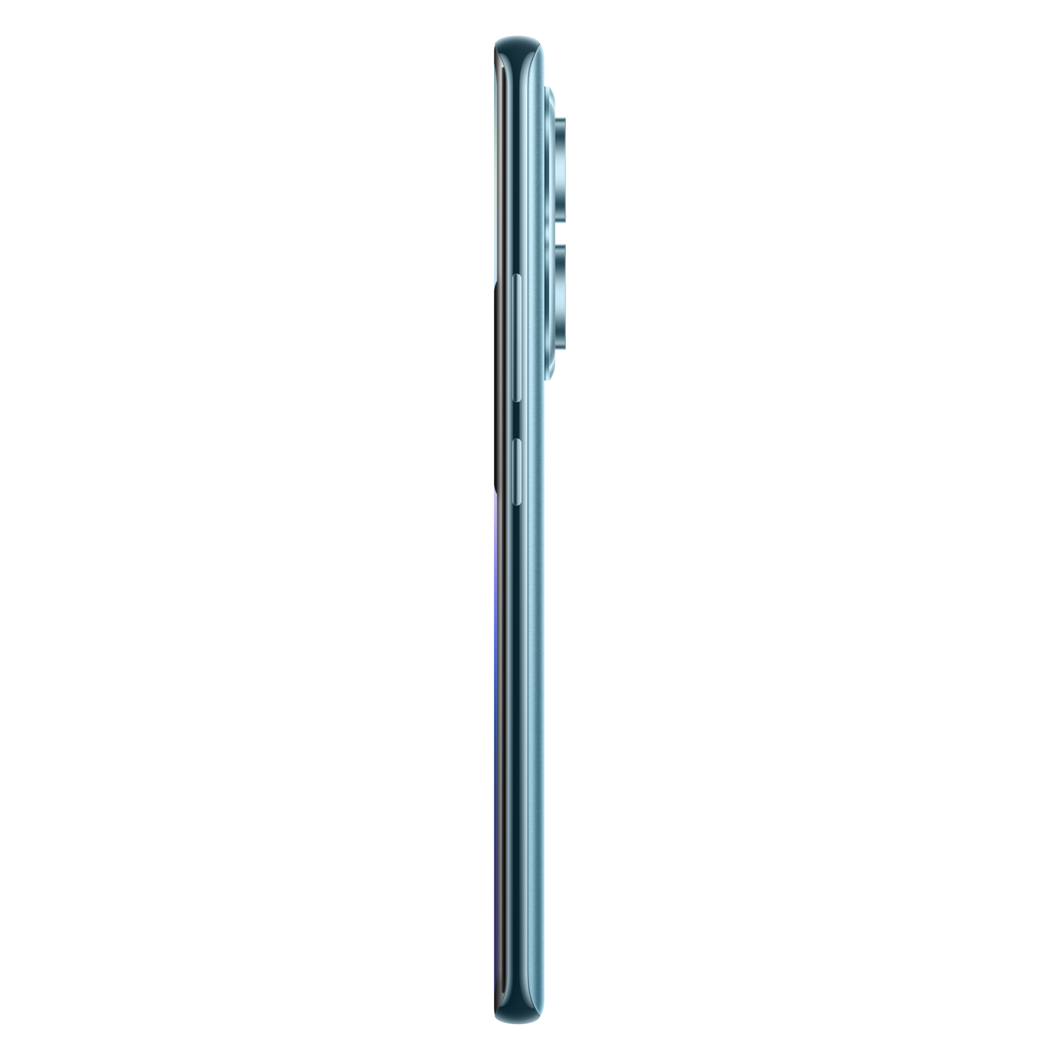 The side of a blue smartphone. The phone is thin and has a shiny, reflective surface.