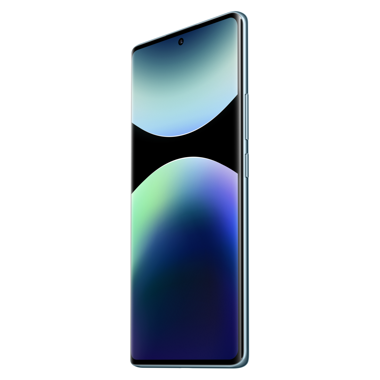 A blue phone with a curved screen. Black background. 