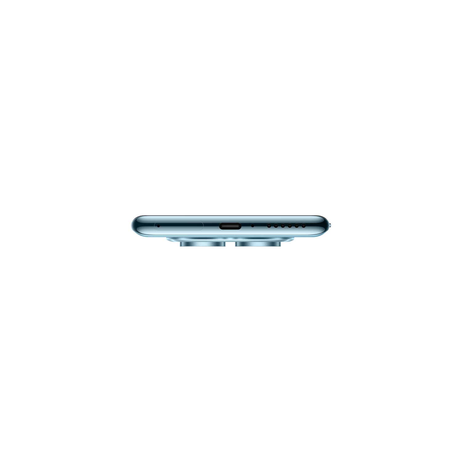 Blue phone side view, black background.