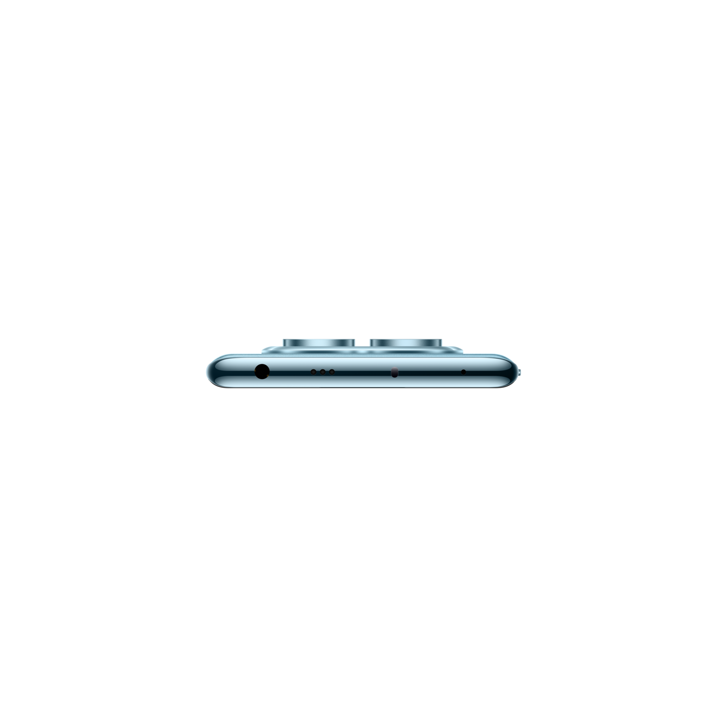 A side view of a teal phone with two rear cameras, and a USB-C port at the bottom.