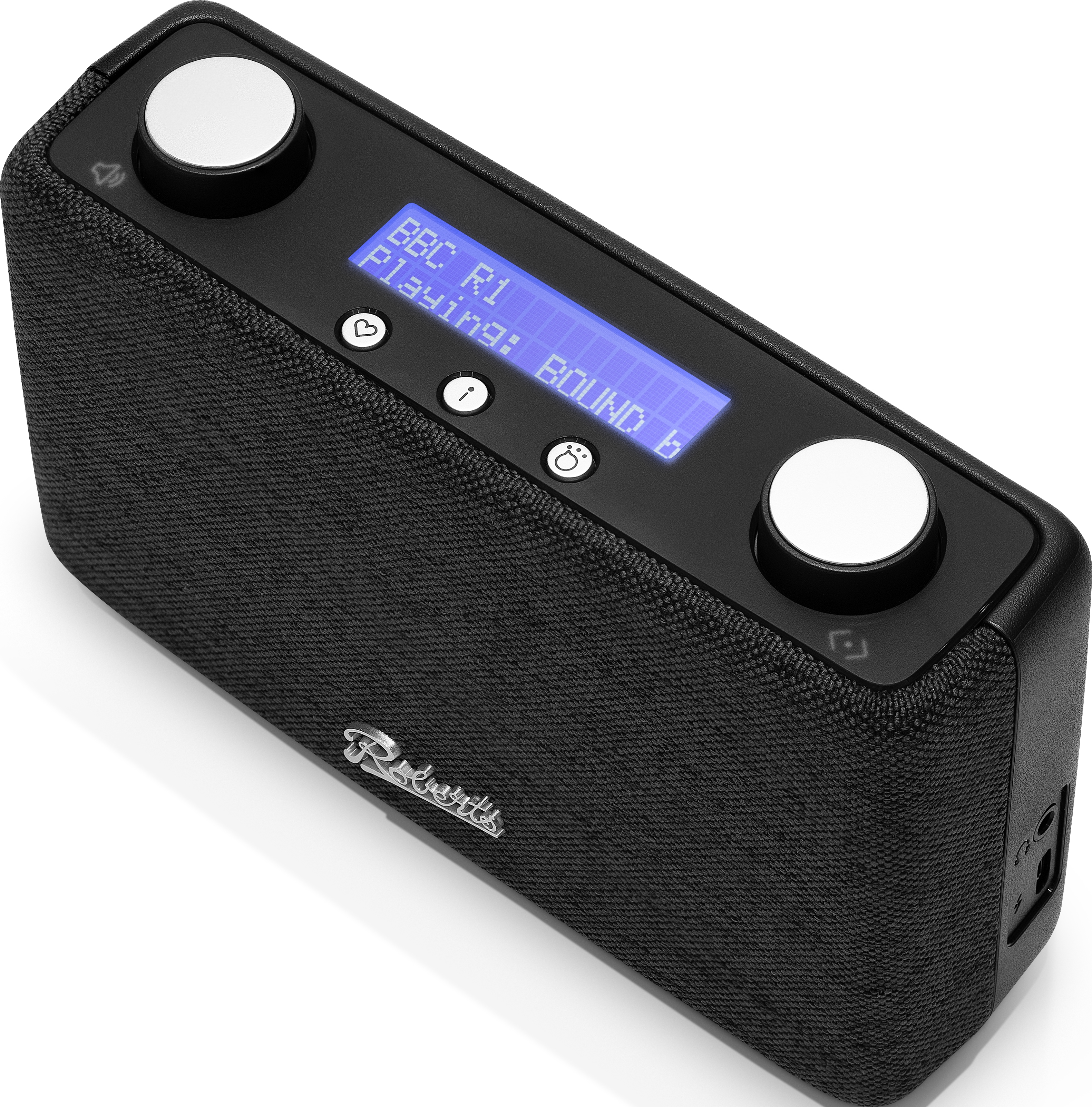 Schwarzer Radiowecker mit digitalem Display, Knöpfen und Lautsprechergrill.