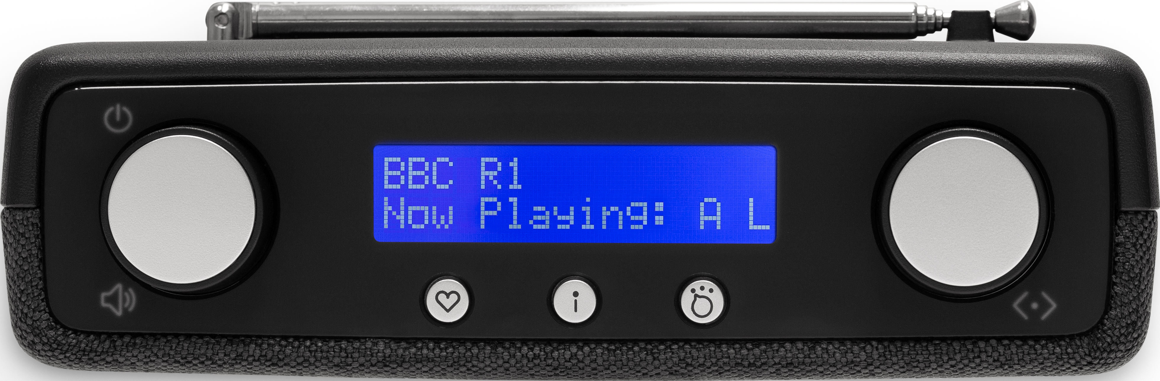 Ein schwarzes Digitalradio mit zwei Drehreglern, einem blauen Display und Tasten.