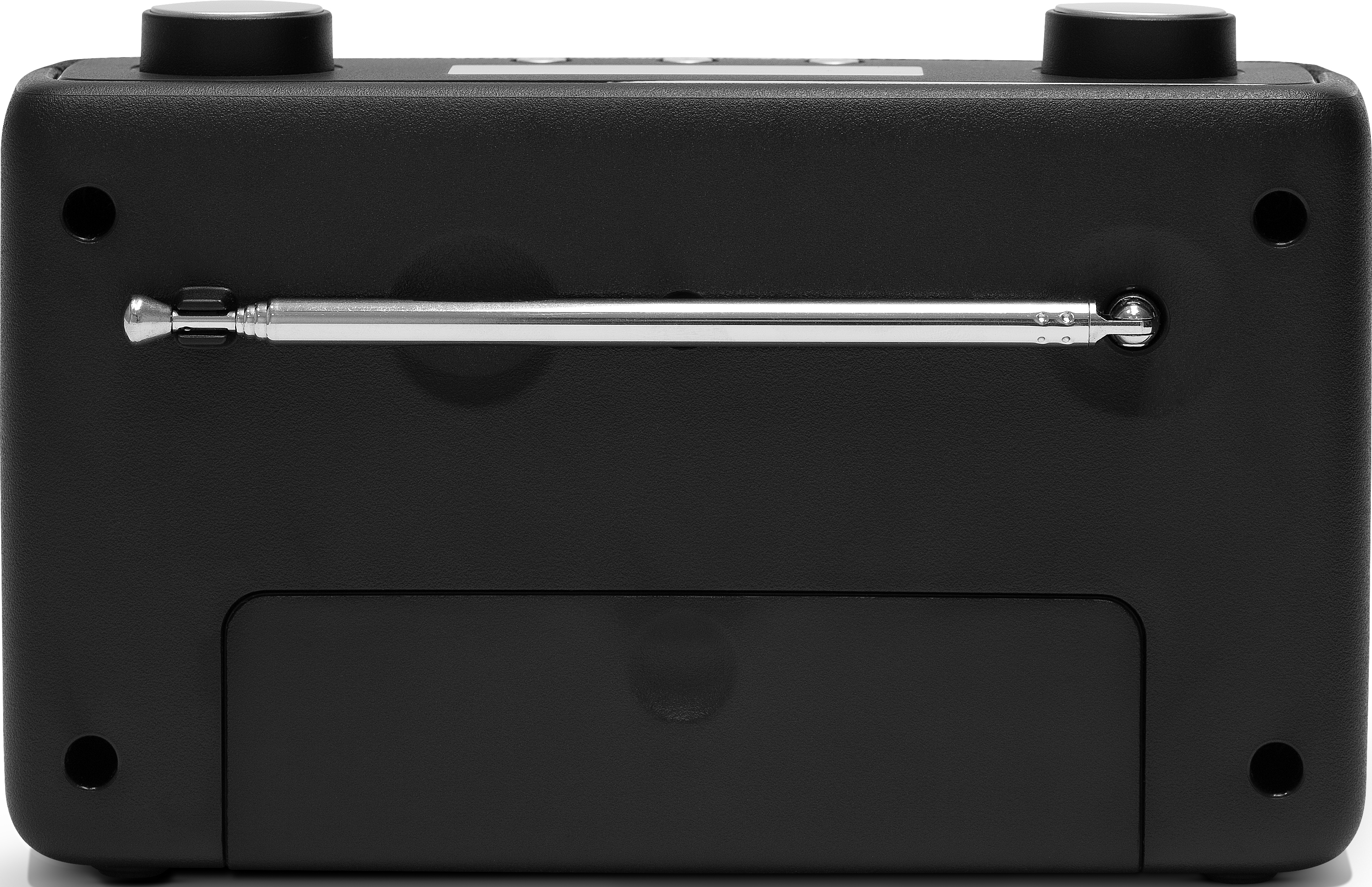 Schwarzes Radio mit silberner Antenne und zwei Drehknöpfen.