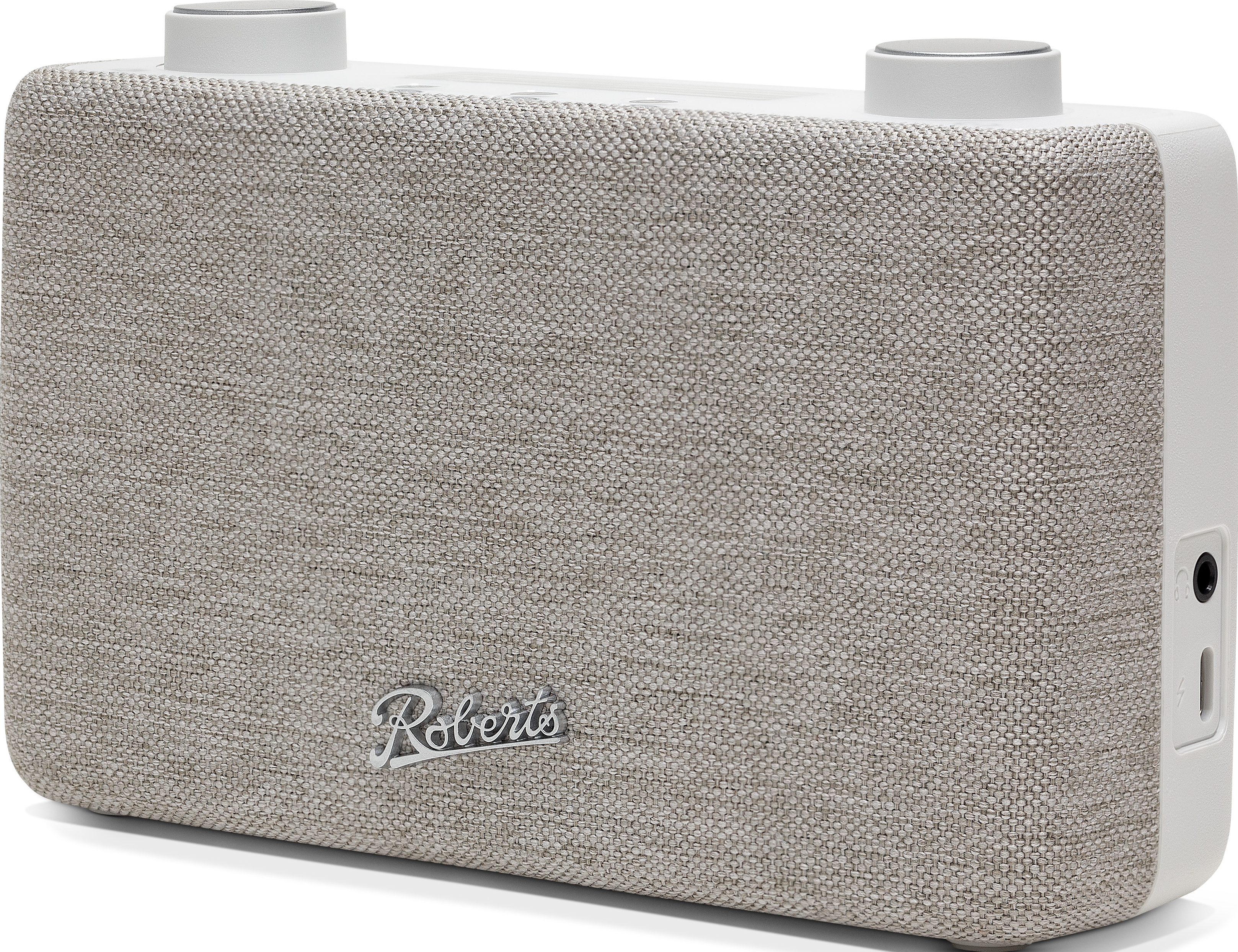 Ein grauer Roberts Radio-Lautsprecher mit Stoffbezug und zwei Knöpfen.