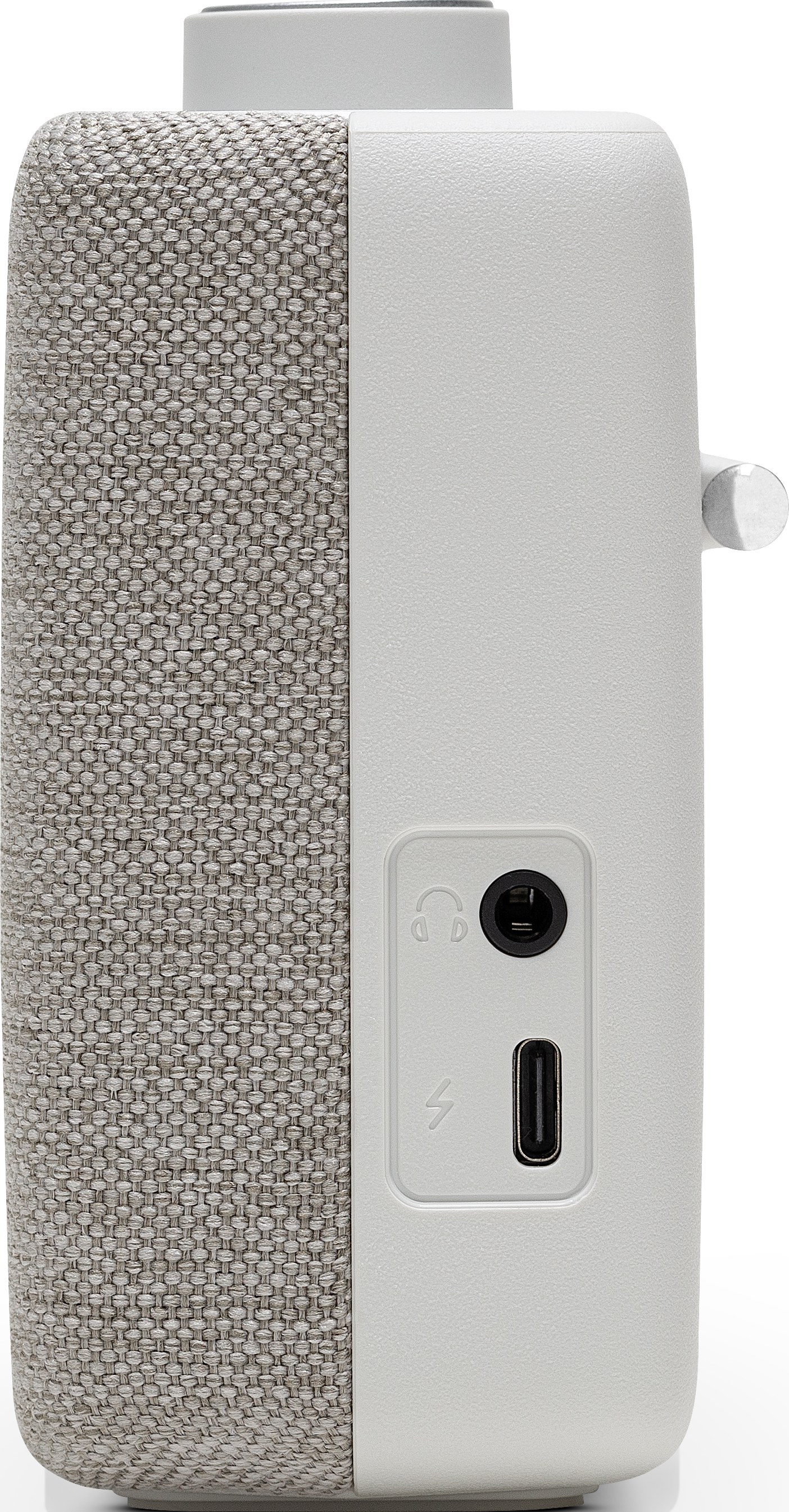 Grauer Lautsprecher mit Stofftextur und Anschlüssen für Kopfhörer und USB-C.