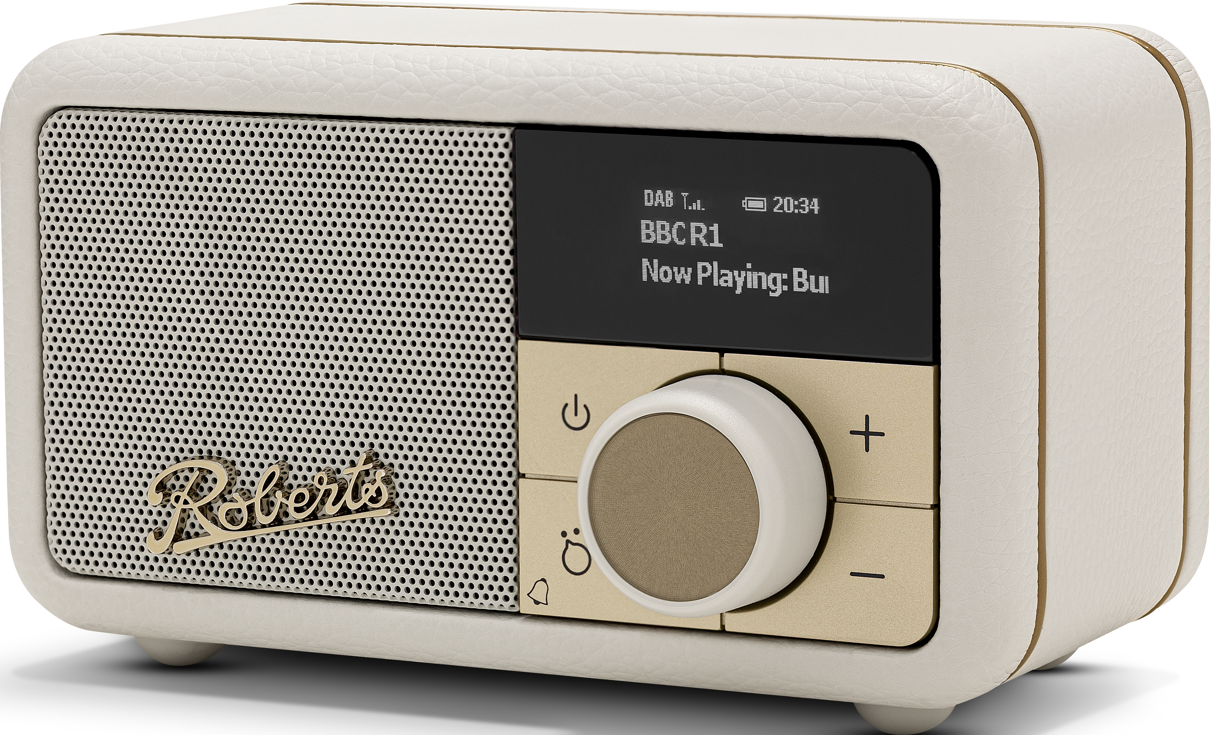 Radio Roberts, couleurs crème et or. L'écran affiche l'heure et BBC1. Bouton et boutons.