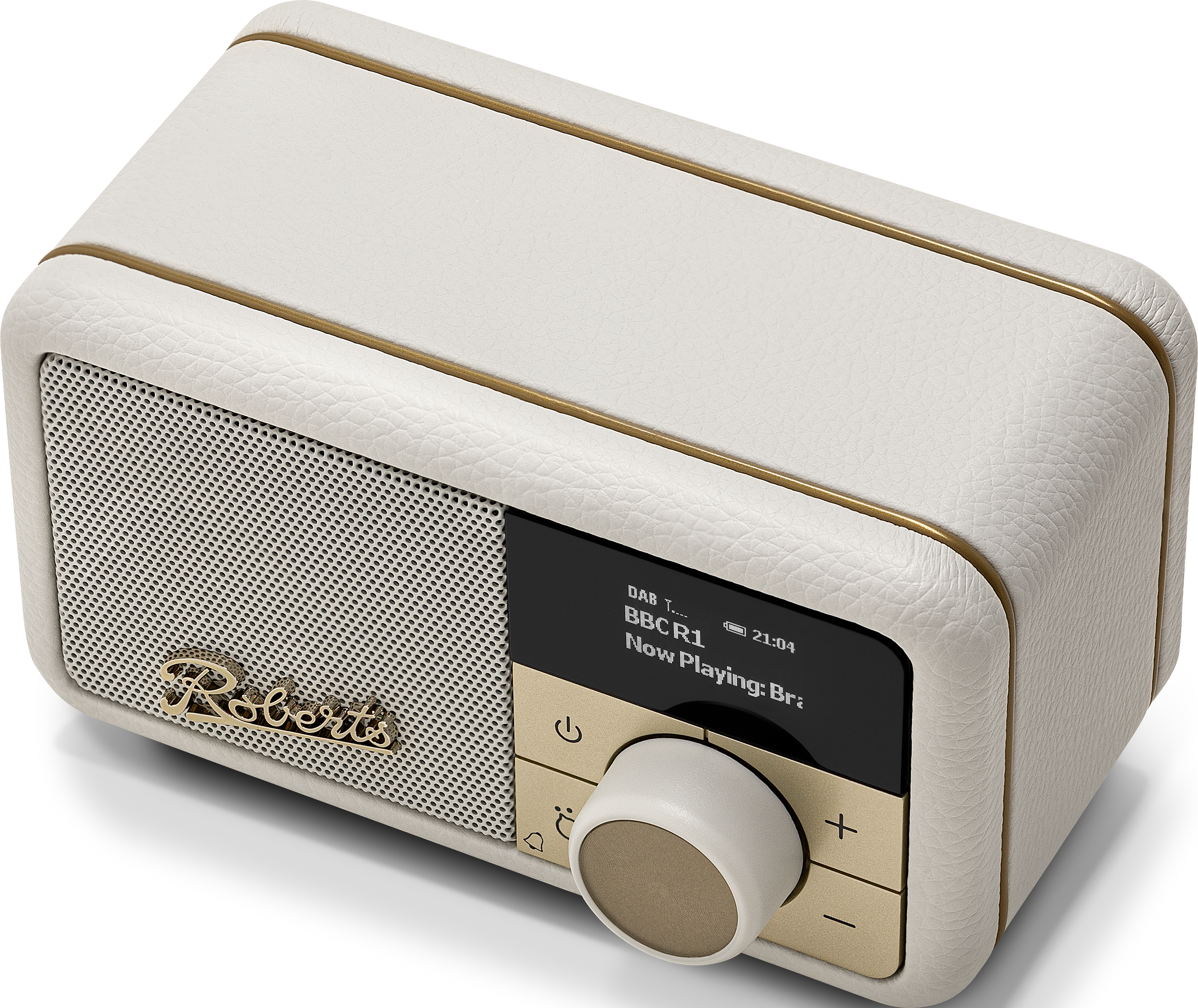 Radio crème avec bordure dorée, l'écran affiche BBC1. Haut-parleur beige, logo Roberts doré et bouton de contrôle.