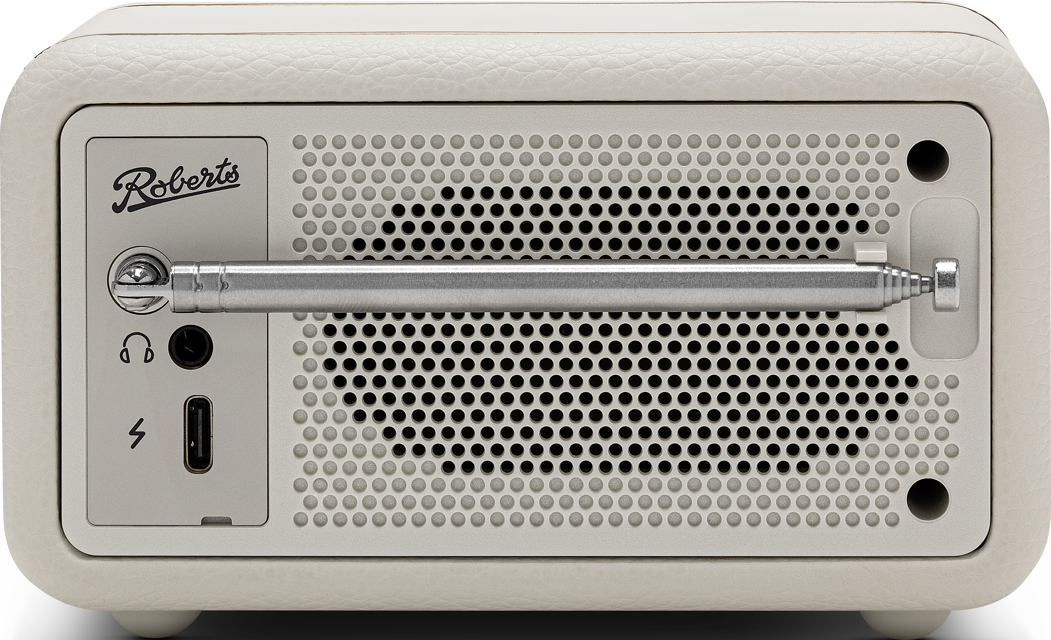 Une radio Roberts crème, avec une grille de haut-parleur et une antenne visible.