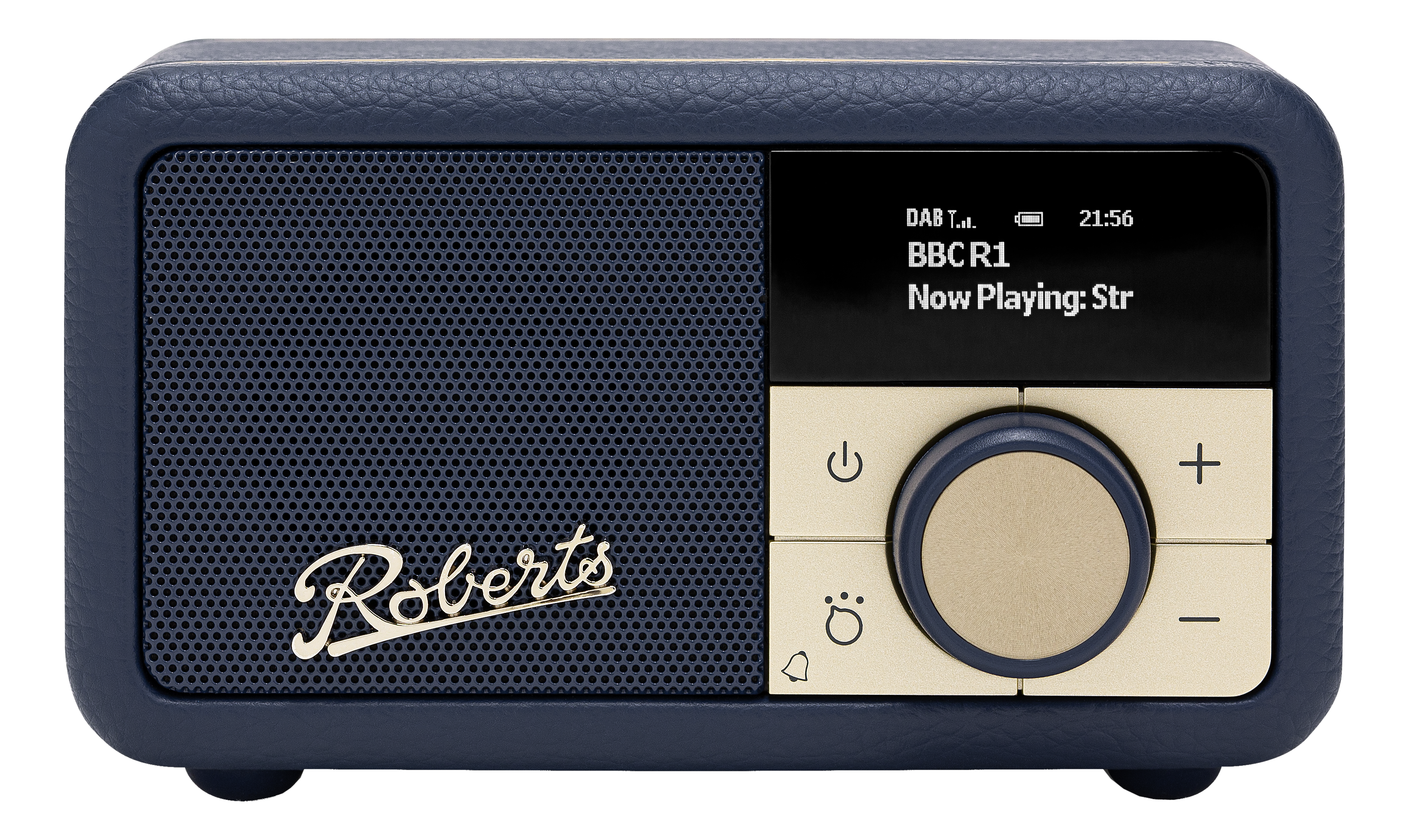 Une radio Roberts bleu foncé. Elle a un écran, un grand cadran et le logo Roberts.