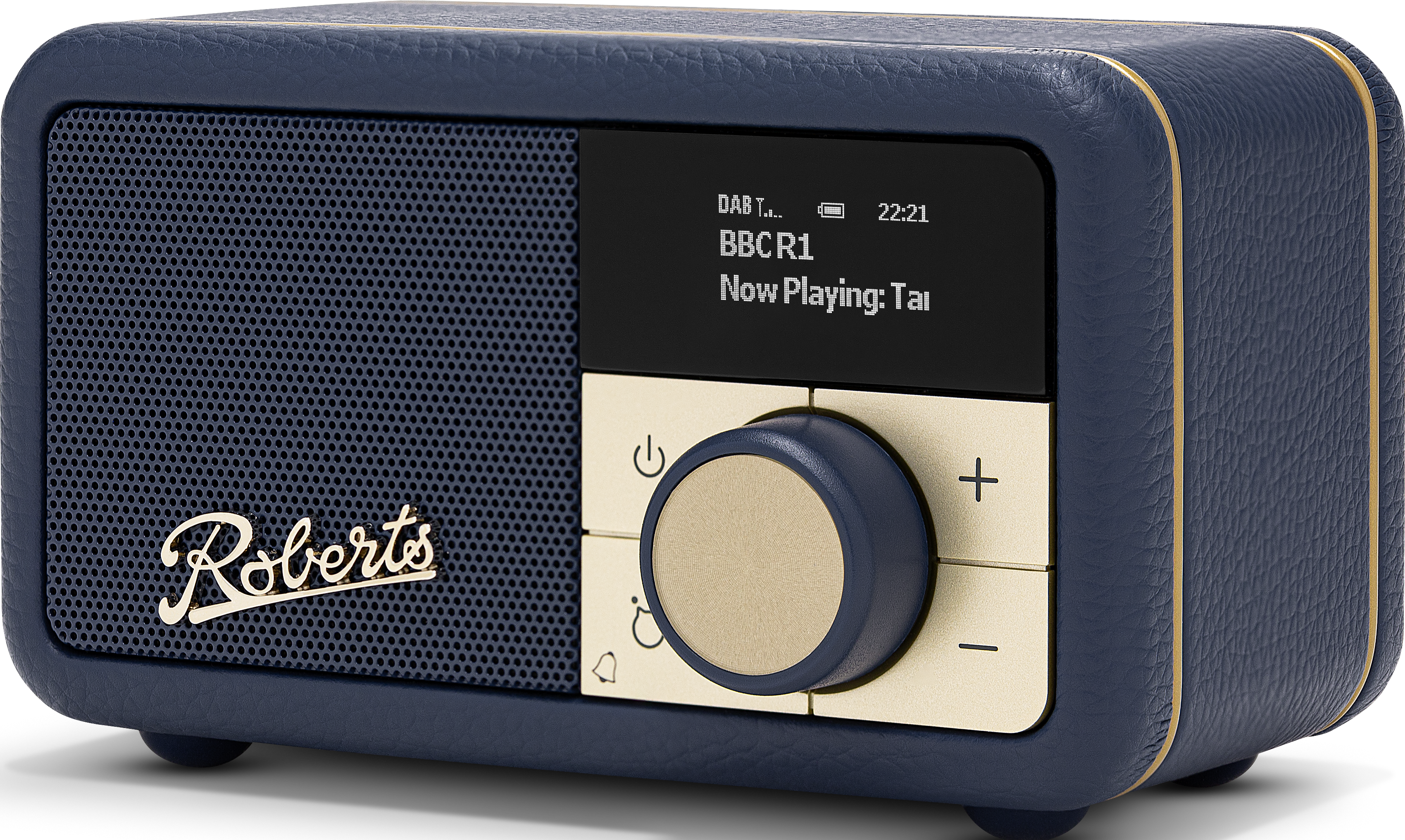 Une radio Roberts bleue et dorée, avec un écran affichant les informations de la station de radio.