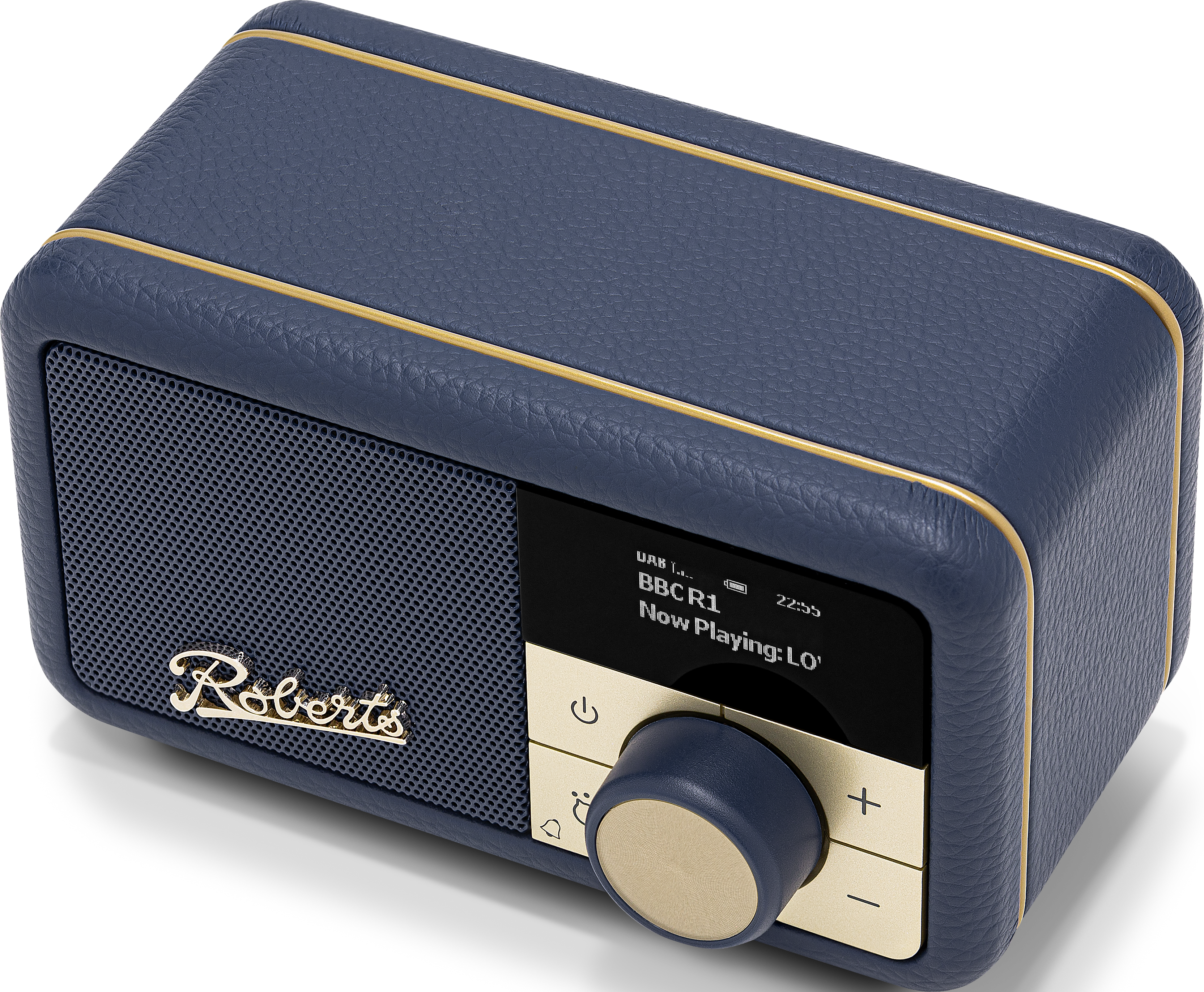 Une radio bleu marine de style rétro avec des accents dorés, affichant un écran.