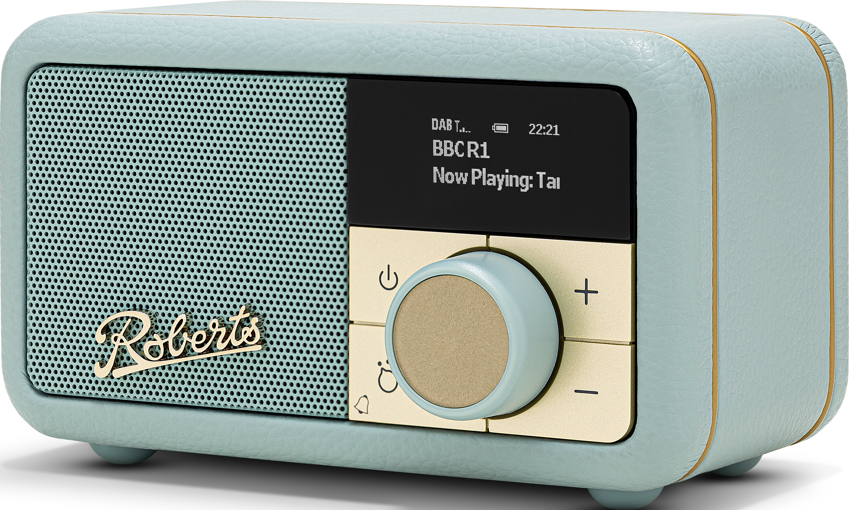 Radio rétro vert menthe avec des touches dorées et un écran noir. Bouton et boutons en façade.