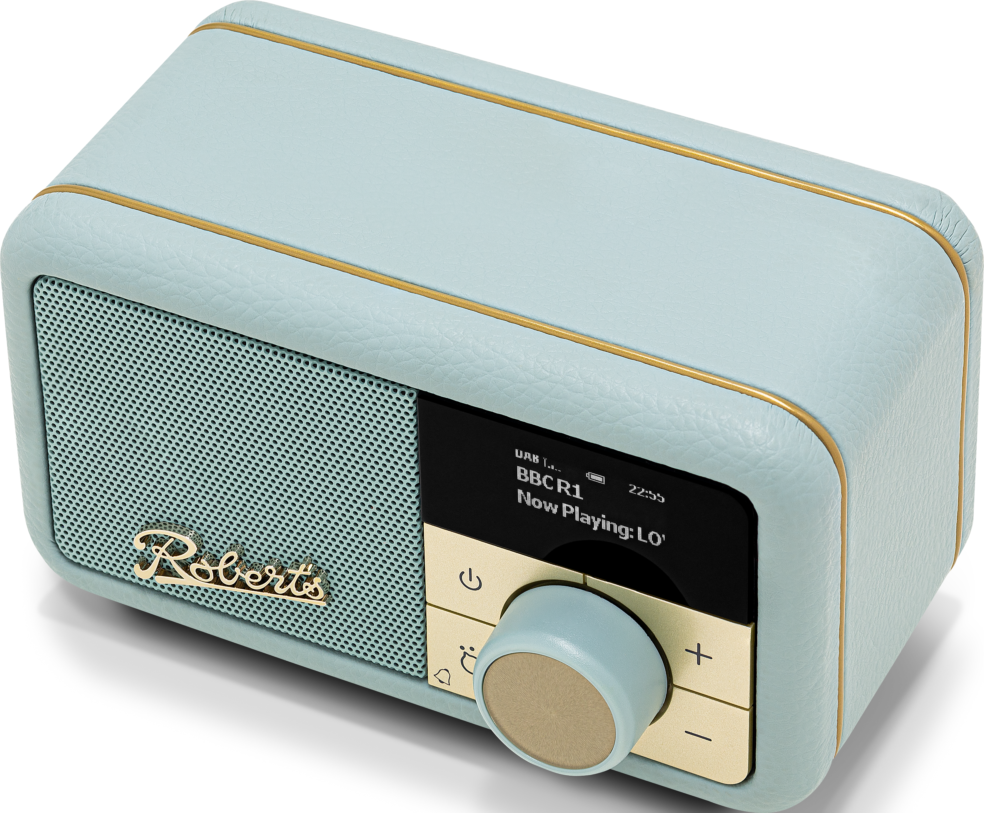 Une radio Roberts vert menthe avec des accents dorés, un écran et un bouton de commande.