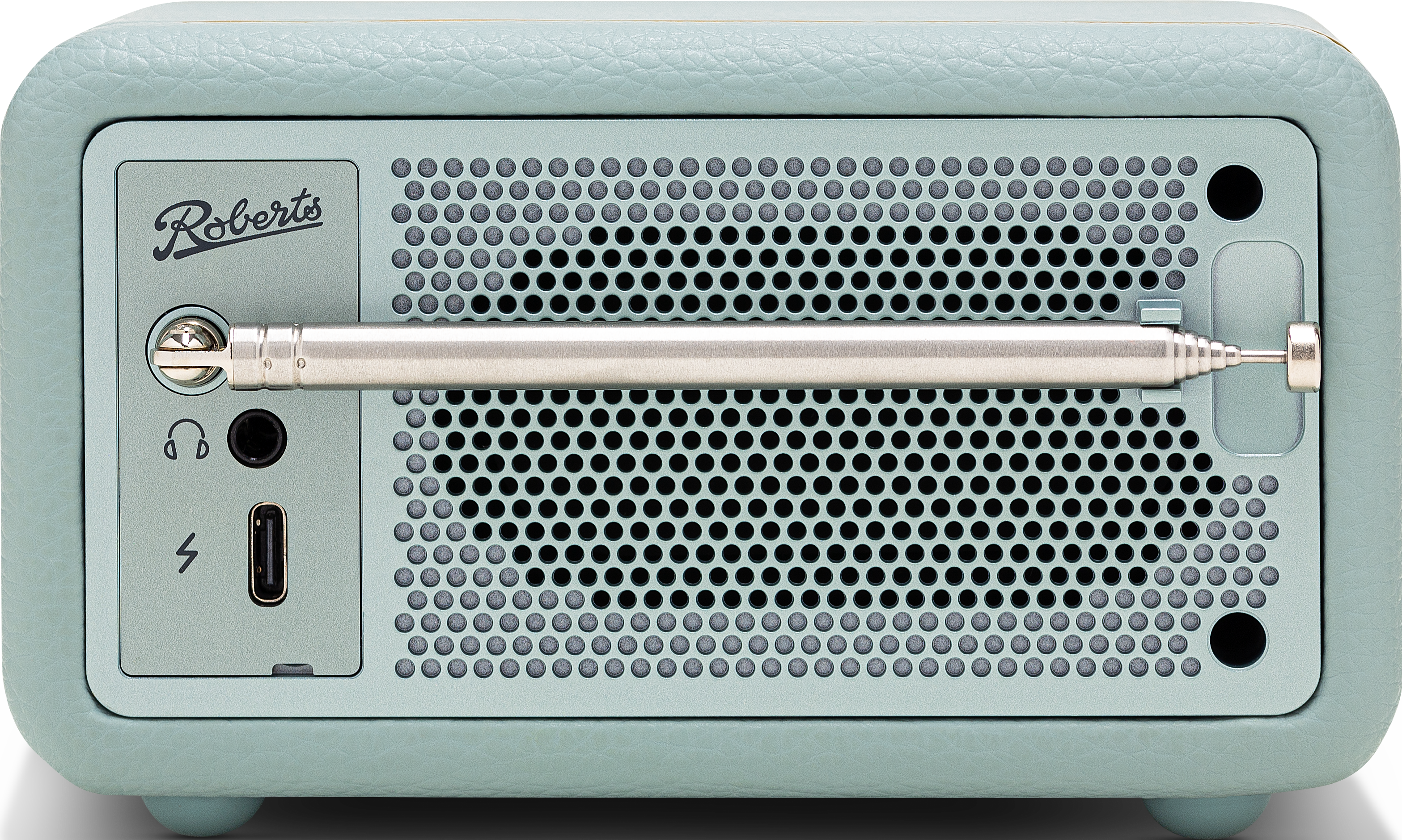 Vue arrière de la radio Roberts, de couleur turquoise. Elle possède une antenne, une prise casque et un port de charge.