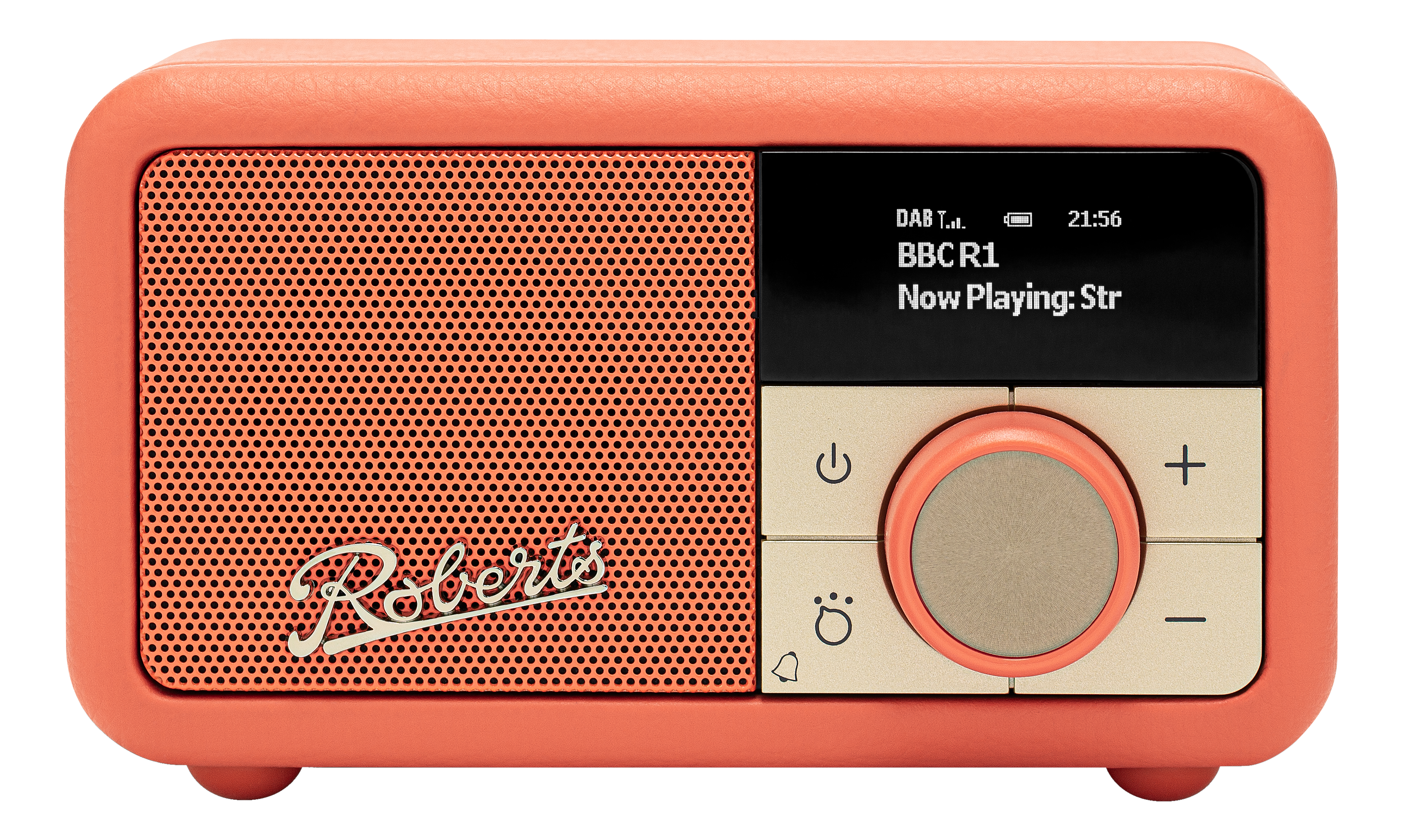 Radio Roberts corail, avec écran, cadran et boutons sur fond noir.