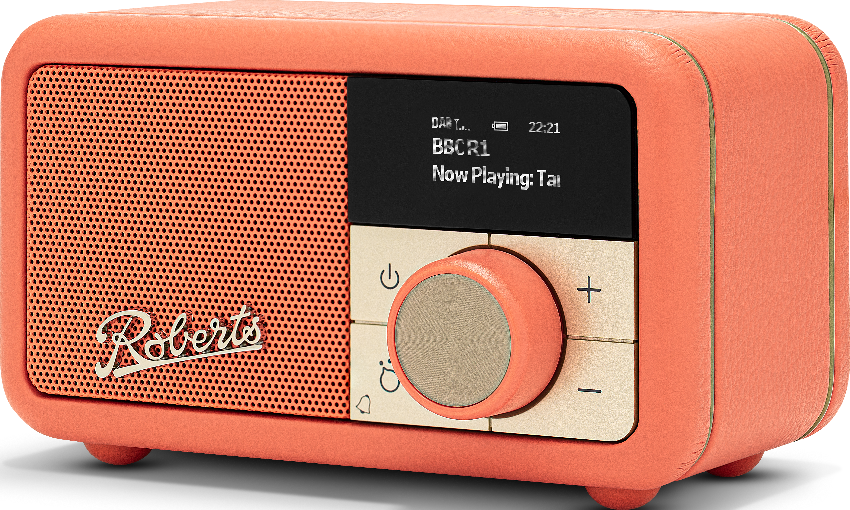 Radio Roberts orange avec des touches dorées. Vue de face, affiche l'écran et le bouton.
