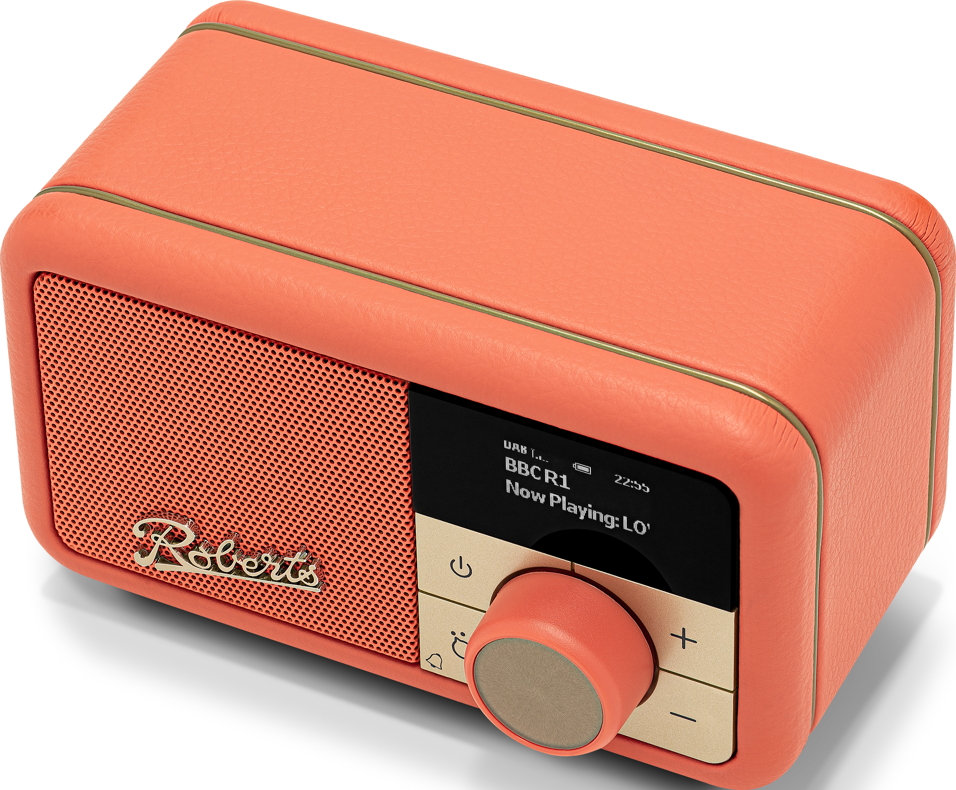 Une radio couleur corail avec haut-parleur, écran et bouton de commande.