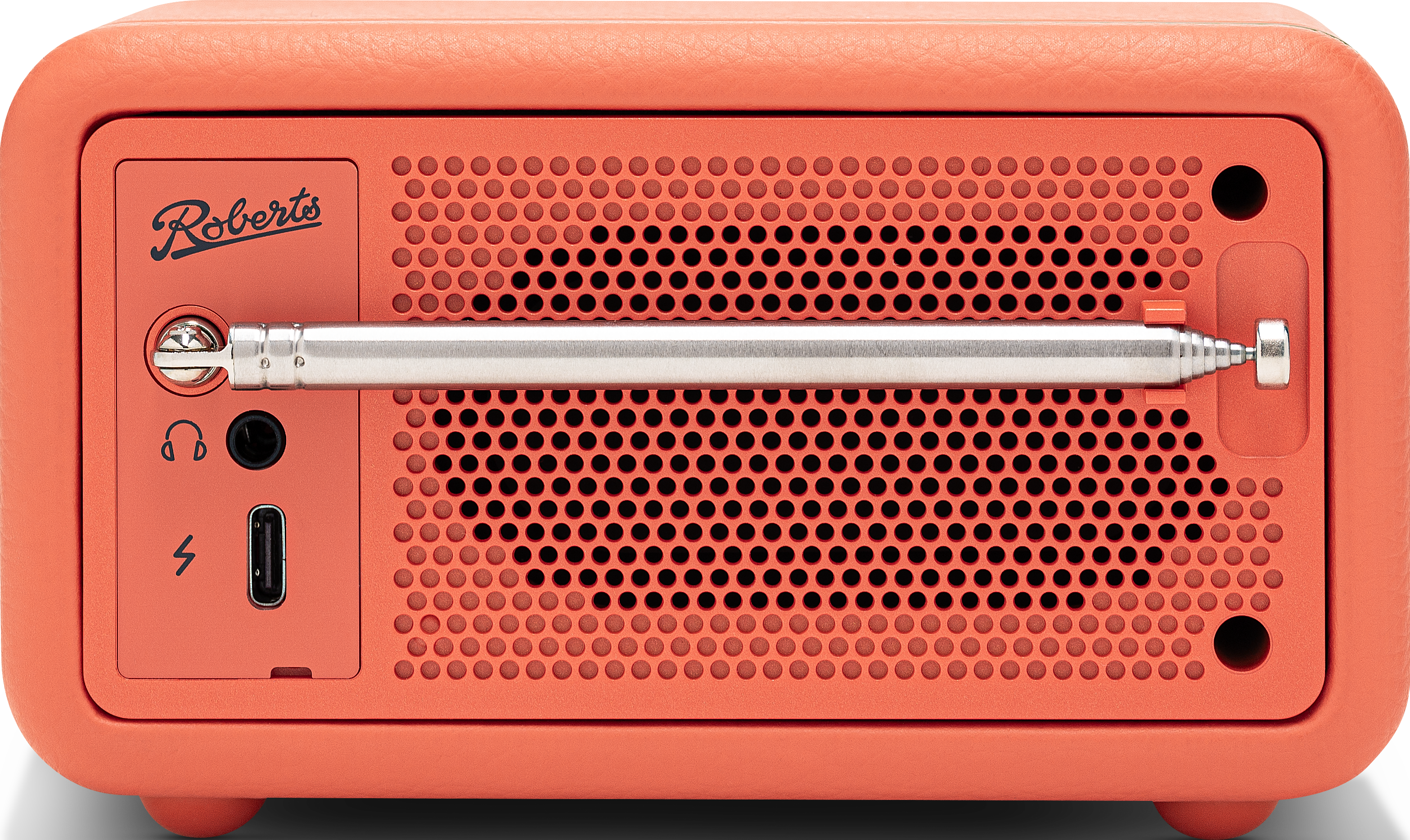 Une radio vintage orange avec une antenne argentée et une série de ports à l'arrière.