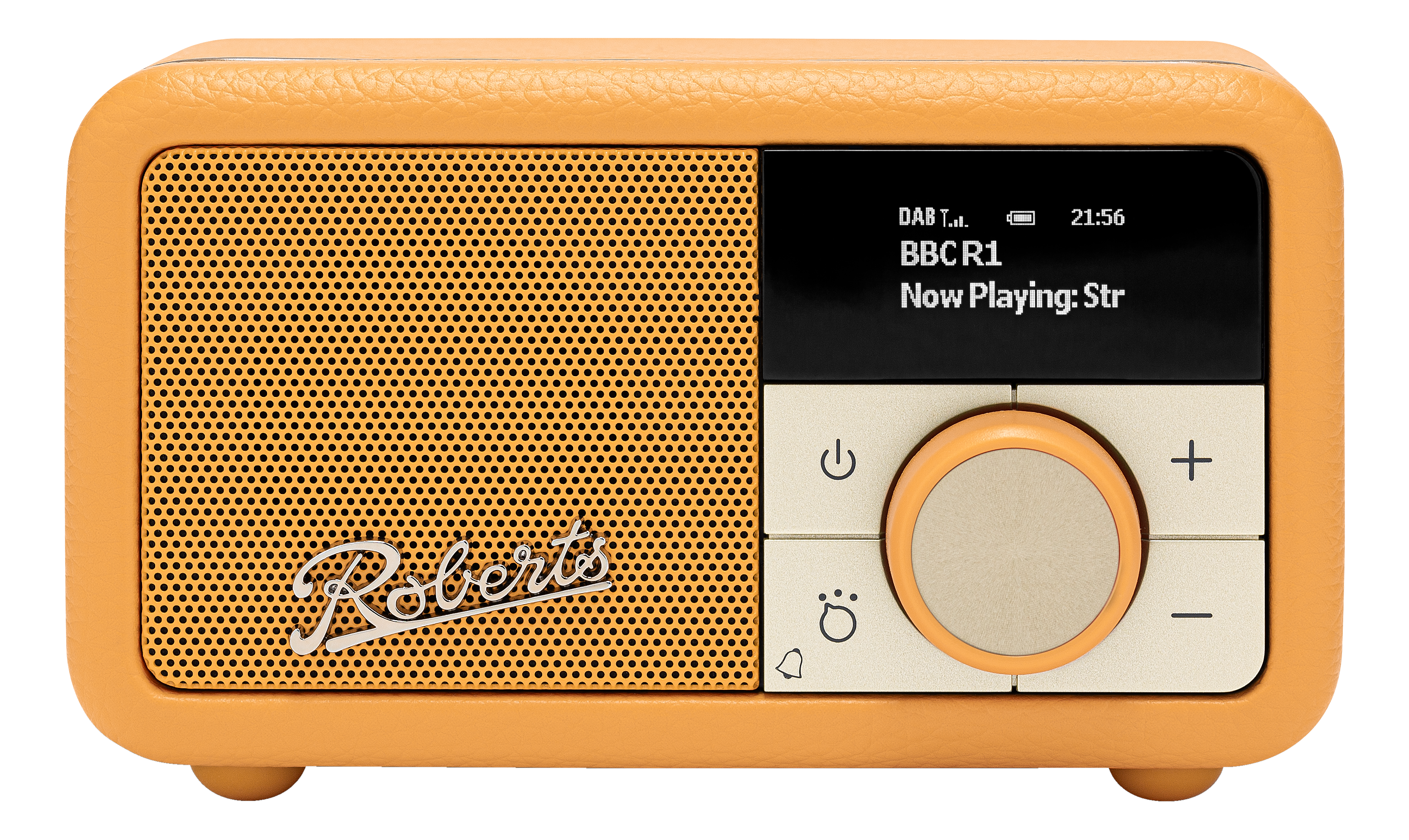 Une radio Roberts orange. Elle possède un cadran, des boutons, un écran et le logo Roberts.