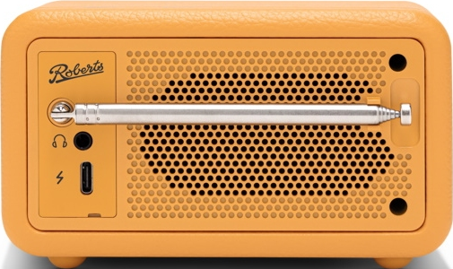 Dos de radio orange. Logo Roberts, antenne, ports casque et chargement, et trous de ventilation visibles.